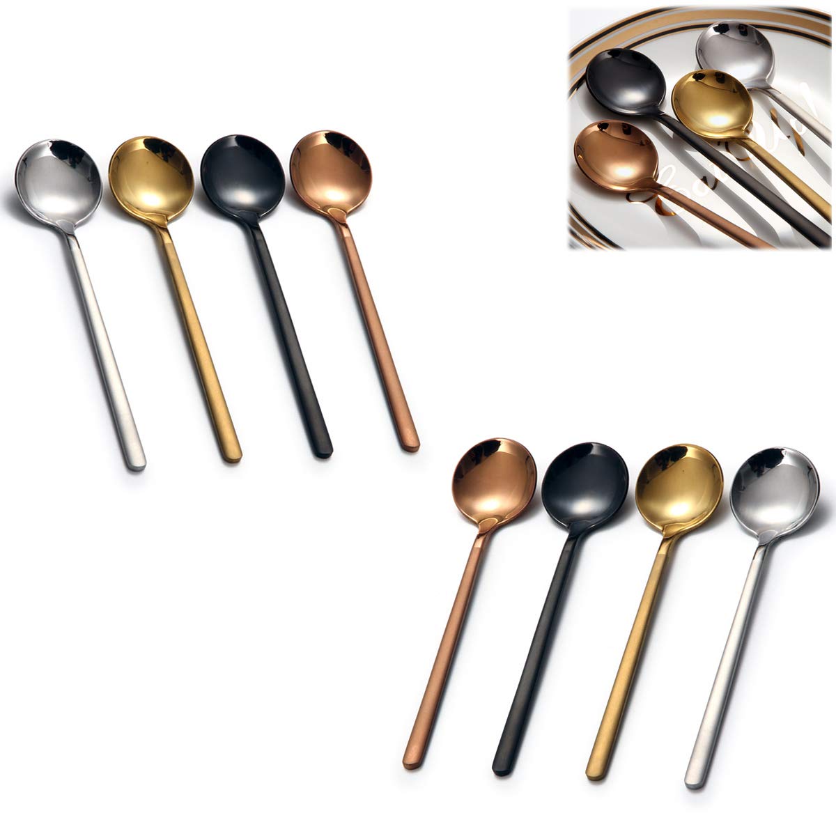 Pyson 5.3 Inch Stainless Steel Coffee Spoons Set - Mini Dessert Teaspoons with Frosted Handle for Espresso, Tea, Ice Cream, Cake & Soup (8 Pieces, 4 Colors) - Perfect for Home, Cafe & Restaurant Use