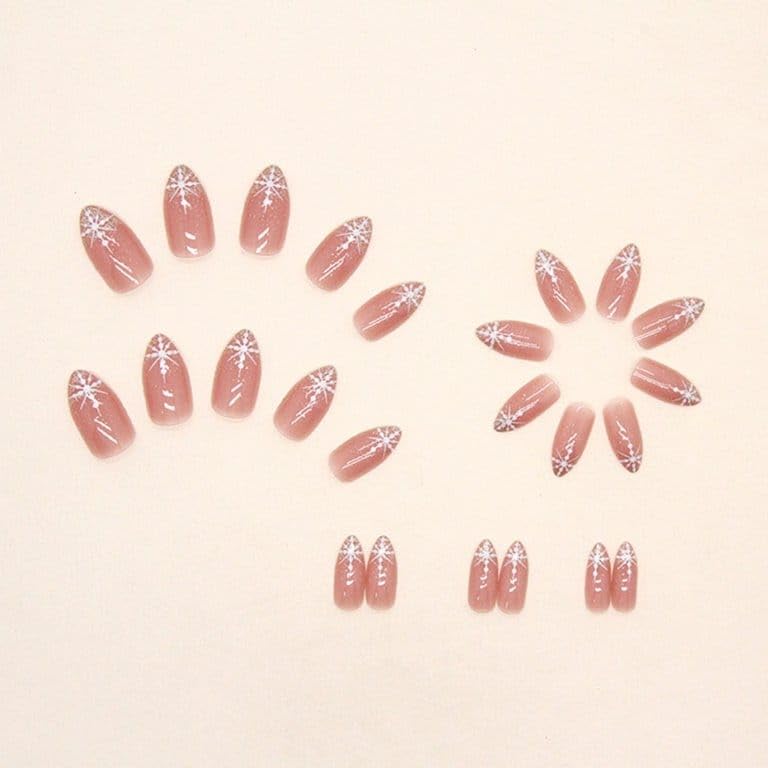 CherryBox 24-Piece Glitter Press on Nails - Long Pointed Snowflake Design with Shiny Pink Sparkles (Includes Nail Glue & Stickers) - Perfect for Christmas Parties, Weddings & Special Occasions