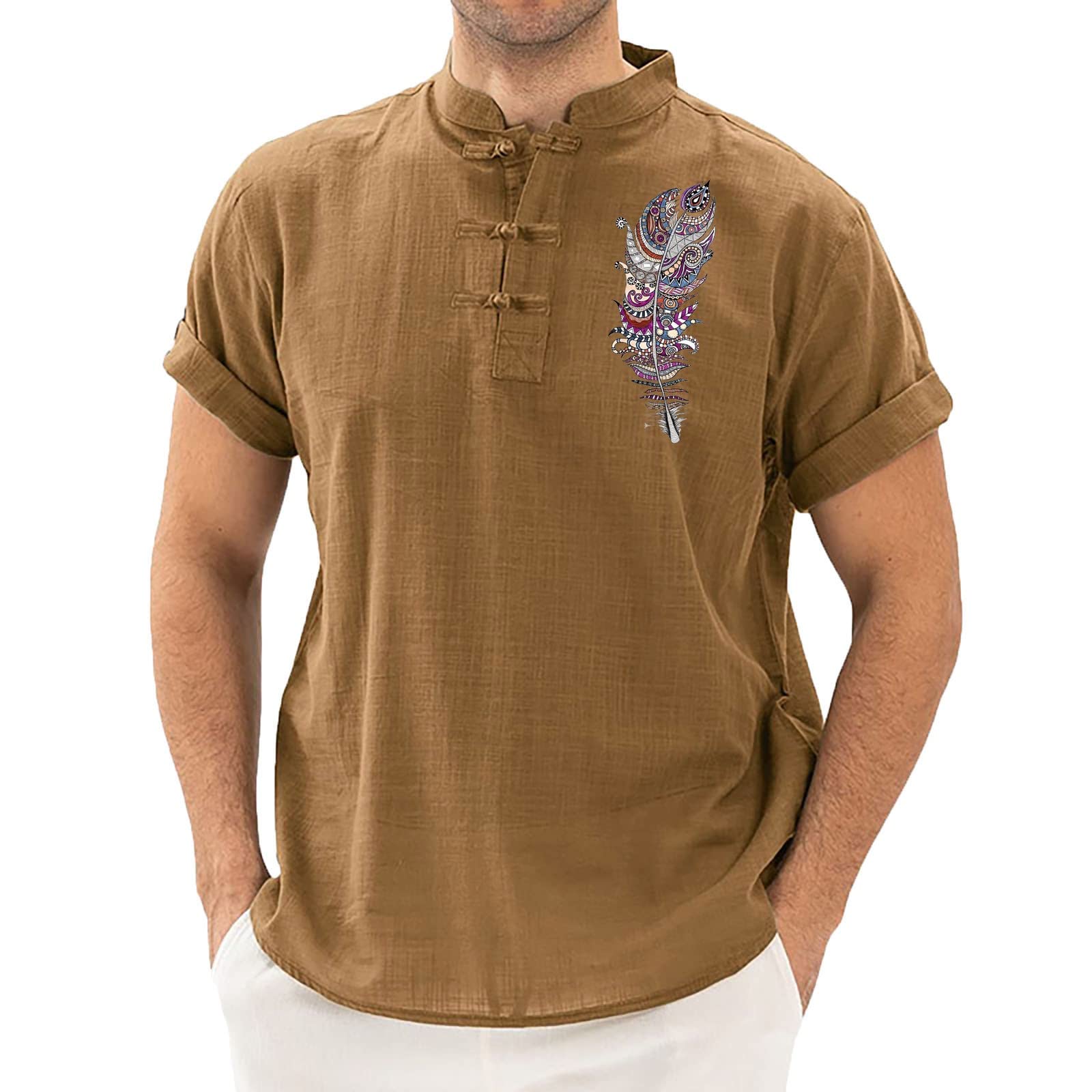 Premium Men's Dress Shirts - 100% Cotton & Linen Blend Casual Shirt with Stand Collar | Spring Summer Business & Vacation Wear | Office, Party & Outdoor Activities