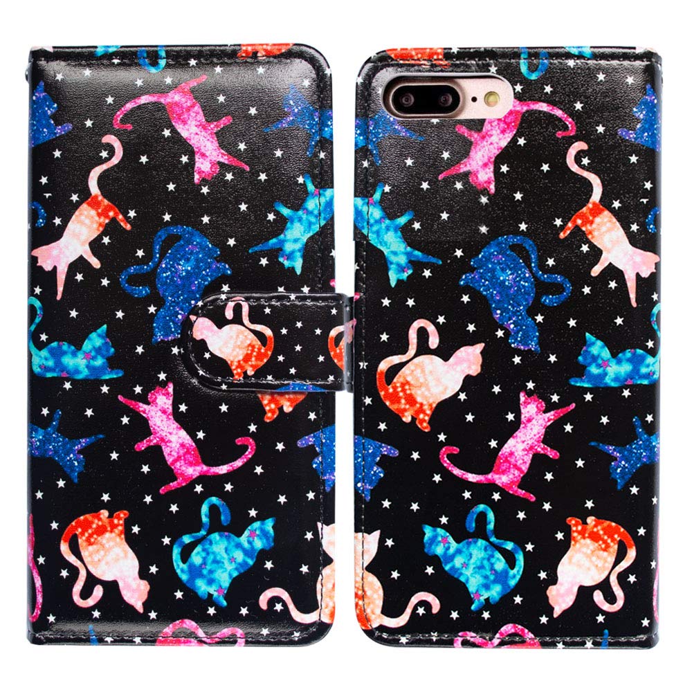 Colorful Cats Star Leather Flip Wallet Case for iPhone 7 Plus/8 Plus - Card Slot Holder & Kickstand | Perfect for Work, Travel & Everyday Use