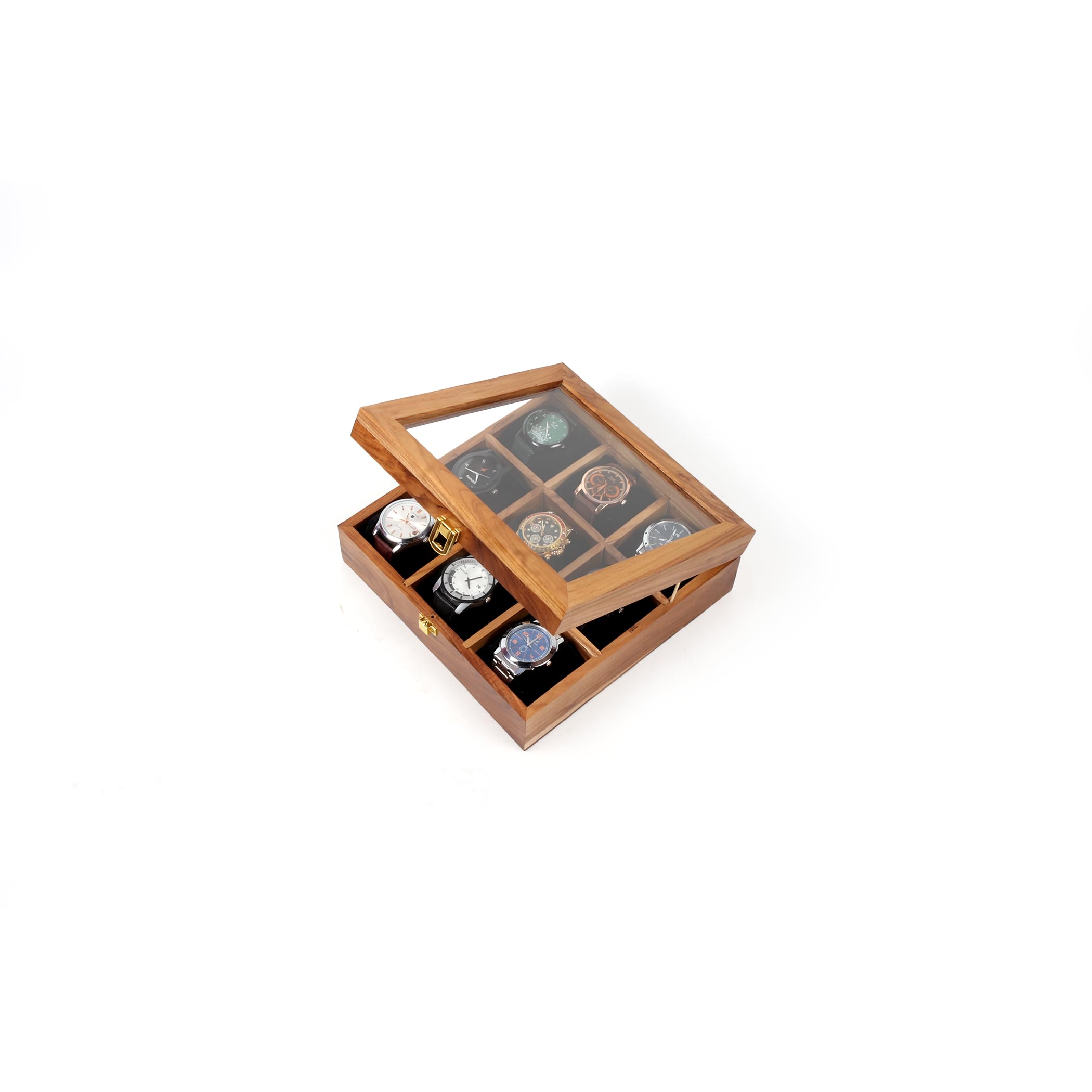 Premium Teakwood Watch Box with Lid - 3/6/9/12 Slot Watch Display Case & Jewelry Storage Organizer - Handcrafted Wooden Key Storage Box - Perfect Gift for Men & Women - Ideal for Watch Collectors, Jewelry Organization & Home Décor (9 Slots)