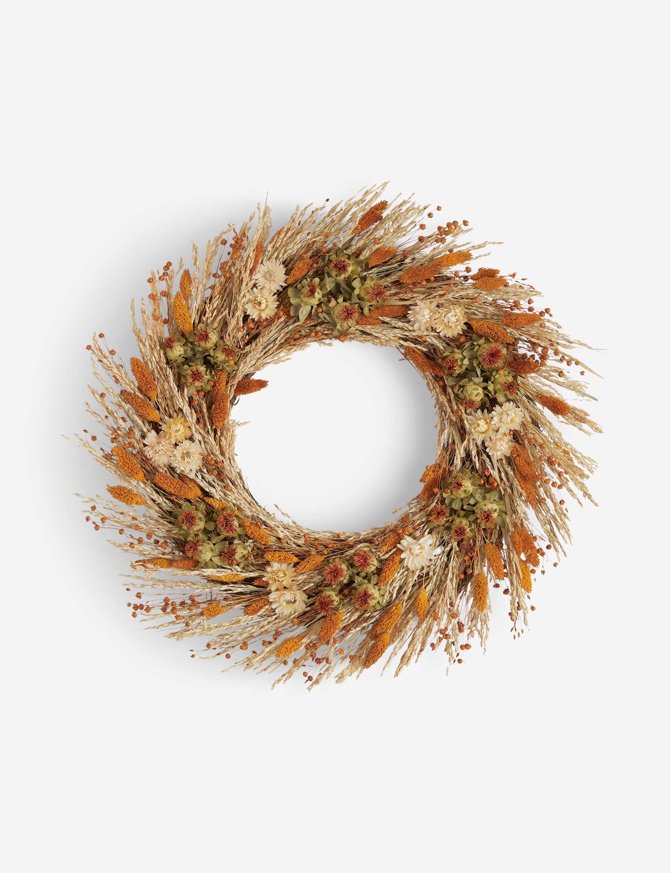 Bleached Oats, Dijon & Floral Preserved Wreath - Elegant Home Decor for Front Door, Wall or Table Centerpiece