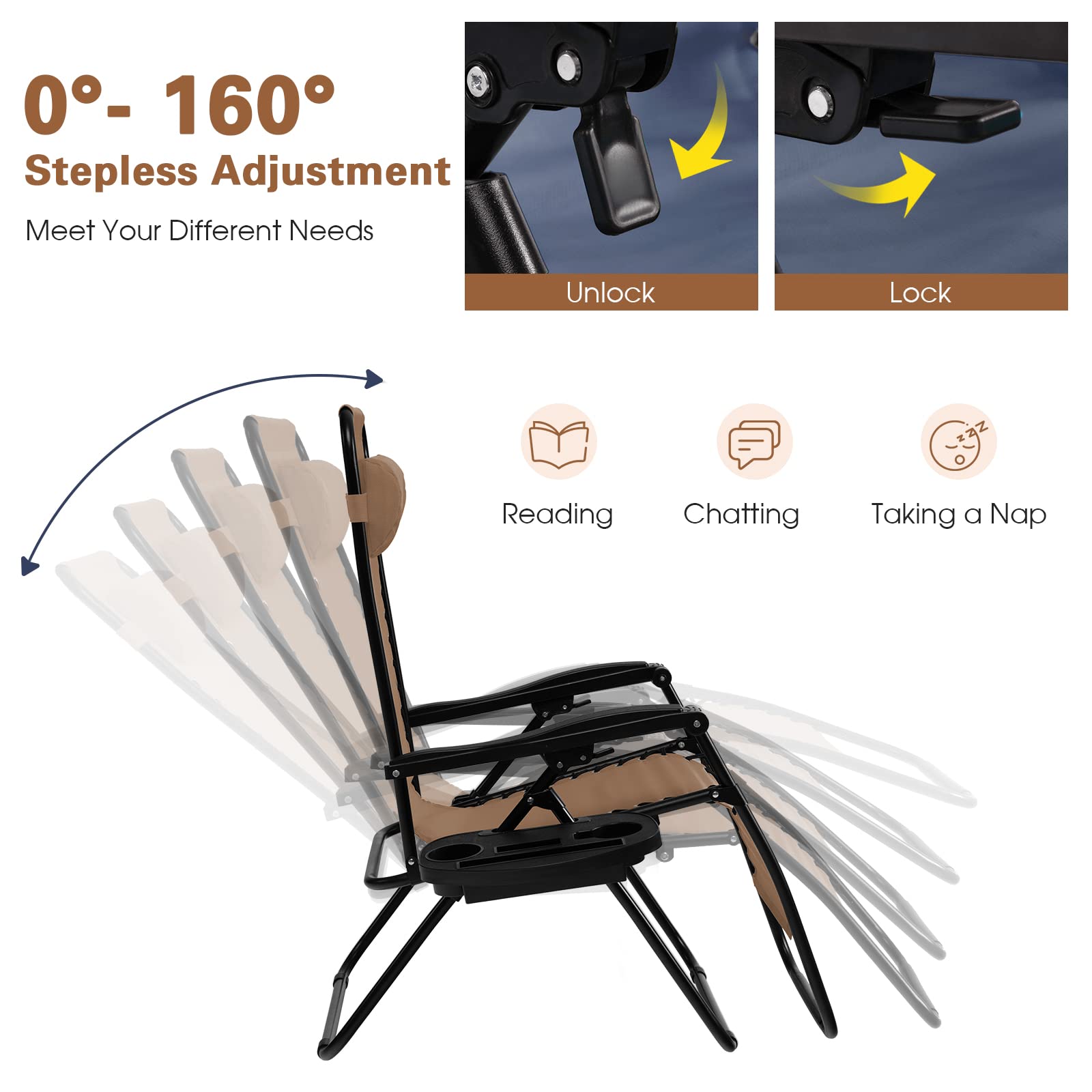 Goplus Zero Gravity Lounge Chairs - 160° Adjustable Folding Recliner with Pillow & Cup Holder, 350LBS Capacity - Comfortable Outdoor Patio Chairs for Backyard, Poolside, Beach & Camping (1-Pack, Beige) - Perfect for Relaxing, Sunbathing & Outdoor Leisure