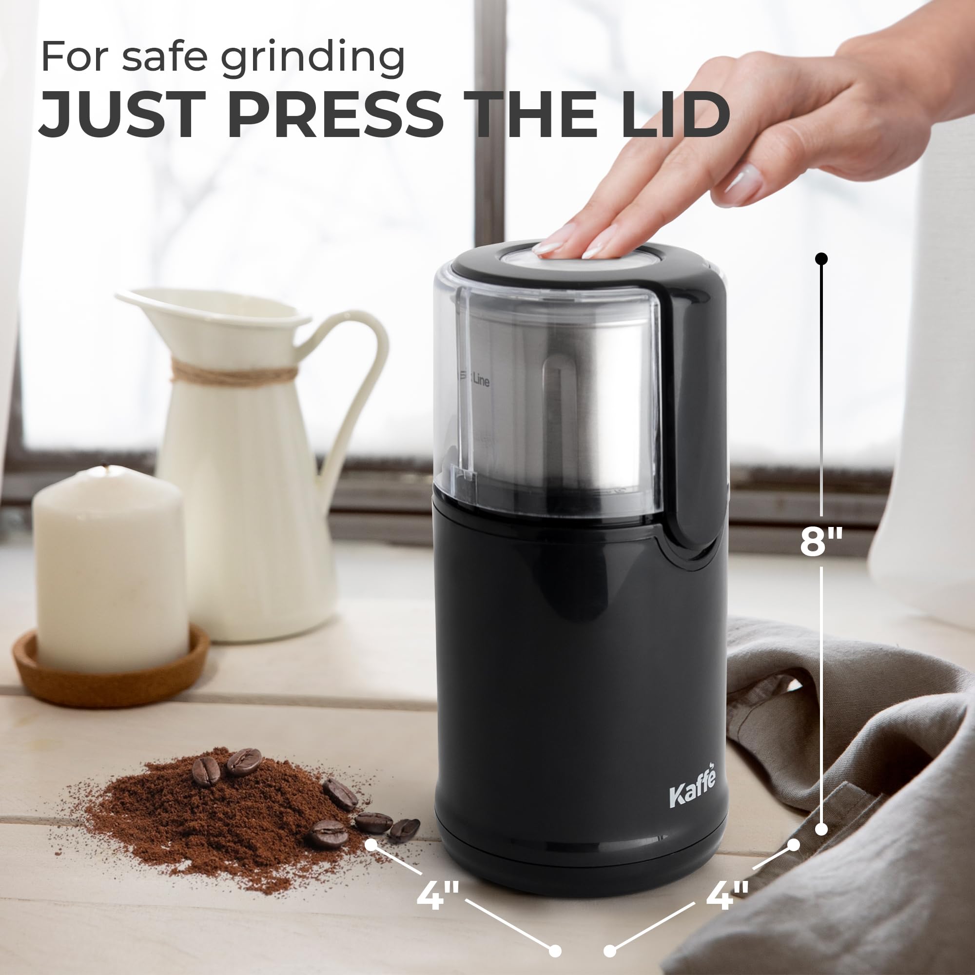 Premium Kaffe Electric Coffee Grinder with Removable Cup (3.5oz) - Black - Includes Cleaning Brush - Espresso & Coffee Bean Grinder for Home, Kitchen & Office Use - Perfect for French Press, Drip Coffee & Cold Brew