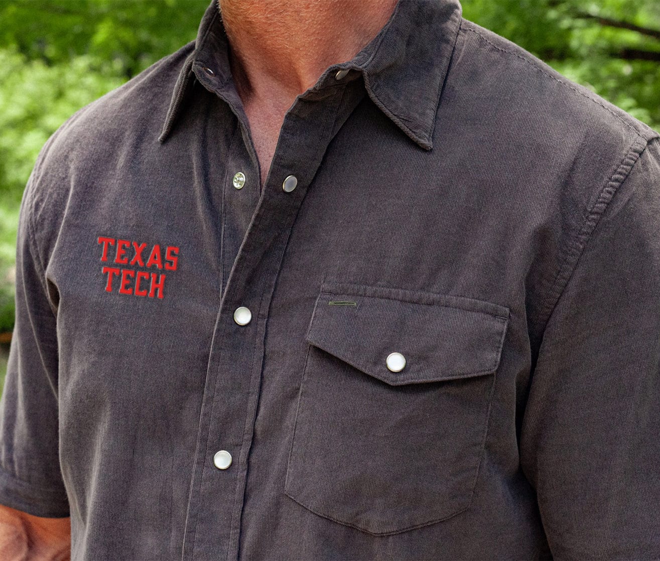 Texas Tech Short Sleeve Corduroy Pearl Snap Shirt - Gray Casual Western Style Button Up for Men | Perfect for Game Day, Tailgating & Country Music Festivals