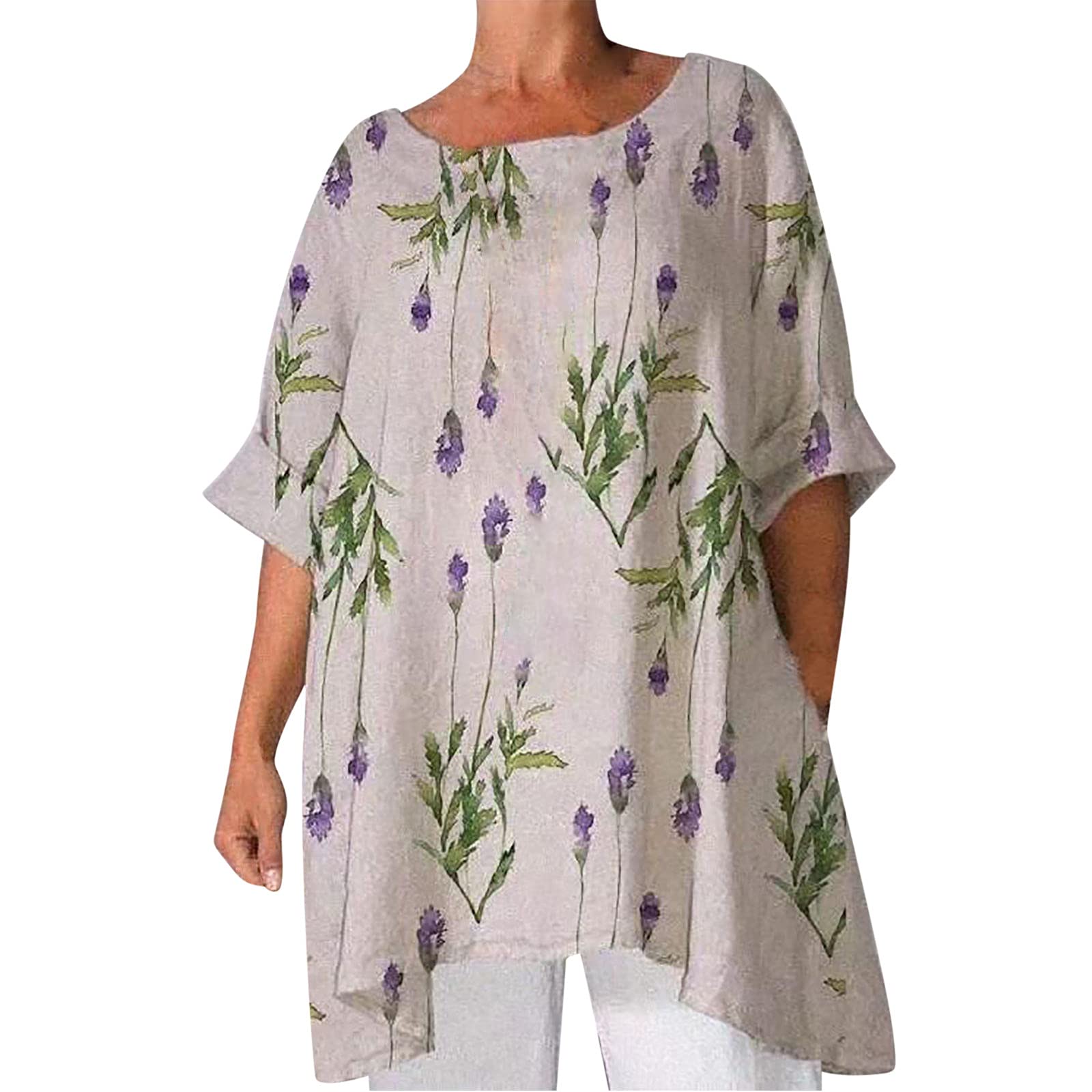 Women's Plus Size Floral Printed Summer Tops - Casual Half Sleeve Round Neck Loose Blouse Tee for Everyday Wear, Office & Outings