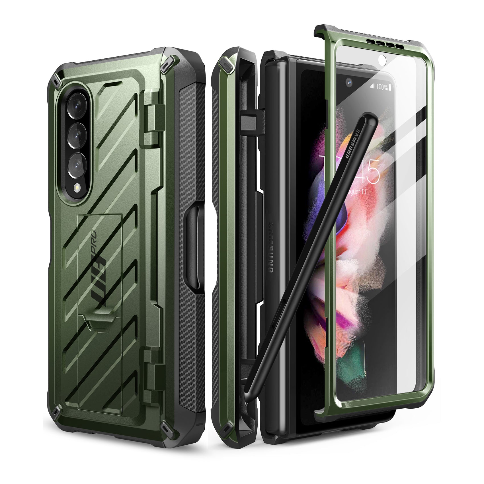 Samsung Galaxy Z Fold4 Unicorn Beetle PRO Heavy Duty Rugged Case with S Pen Holder - Dark Green Protective Cover for Work, Travel & Outdoor Activities