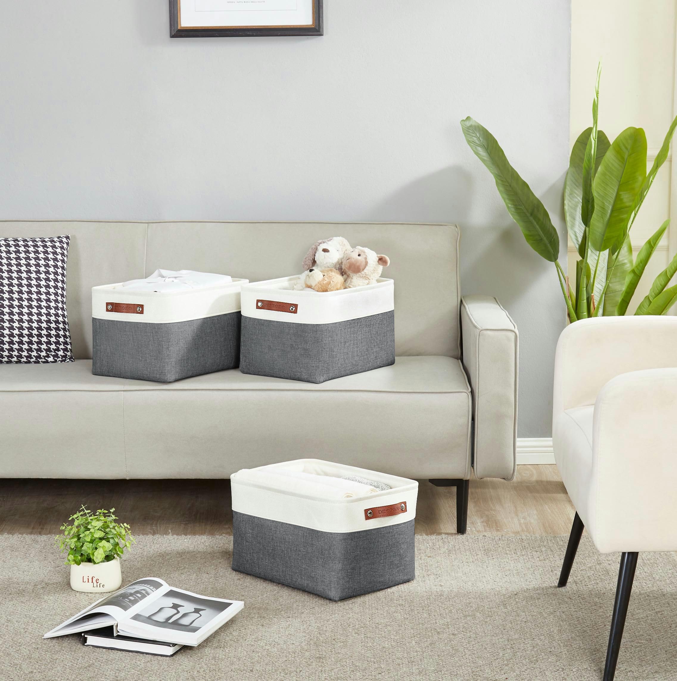 DECOMOMO Fabric Storage Bins - XL 3-Pack Slate Grey & White Storage Baskets for Shelves, Closet Organization, Toys, Nursery | Perfect for Home, Office & Kids Room Organization