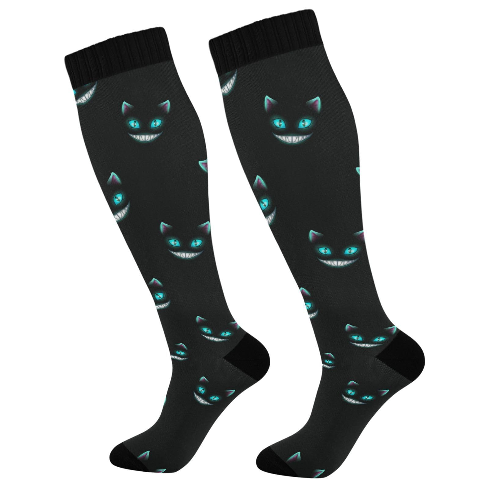 Pigsaly Women's Black Cat Compression Socks - Knee High Athletic Socks with Cat Faces for Running, Yoga & Workout - Comfortable Sports Socks for Women