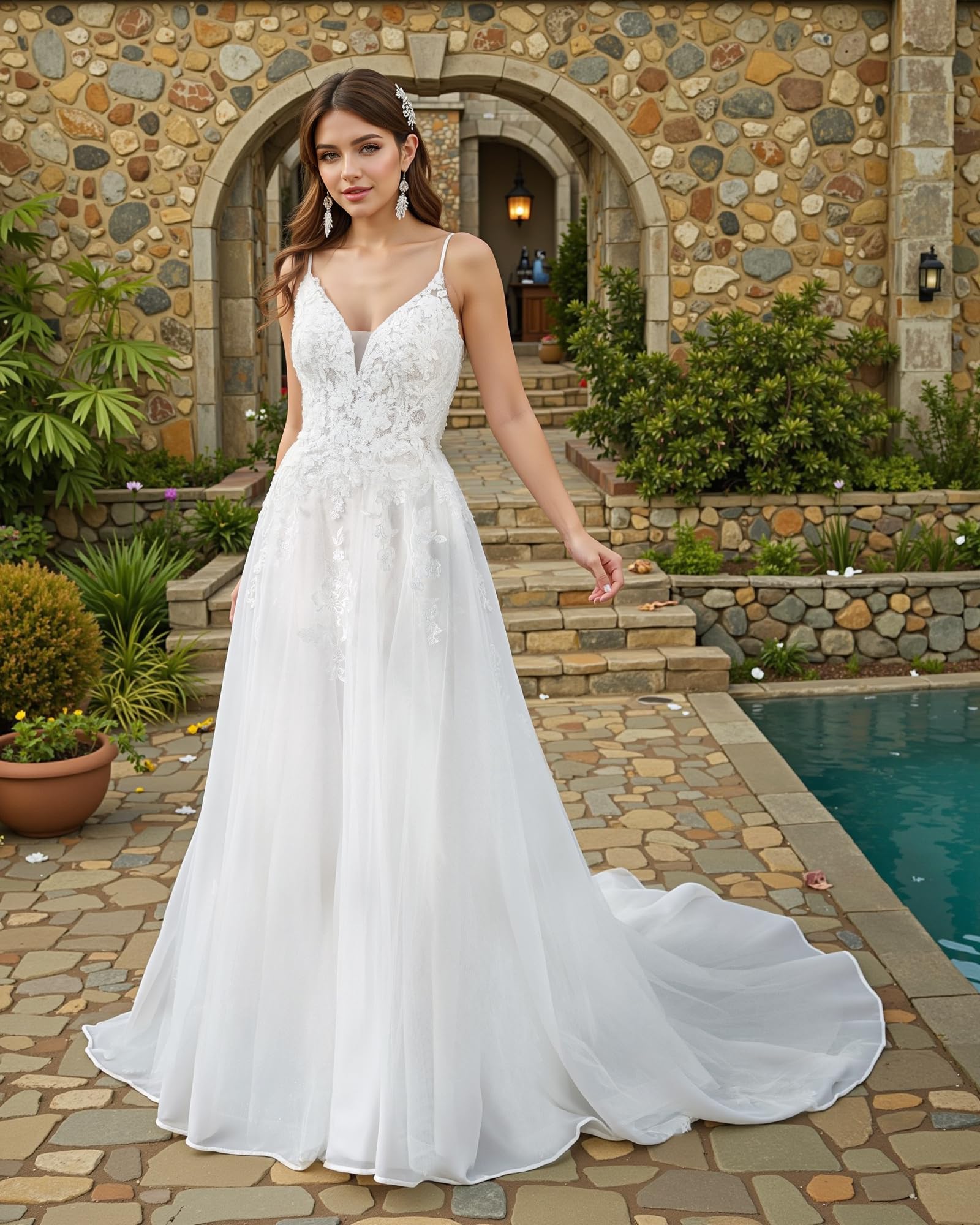 JAEDEN 2025 Lace Tulle Wedding Dress for Bride - Elegant V-Neck A-Line Gown for Bridal, Church, and Beach Weddings