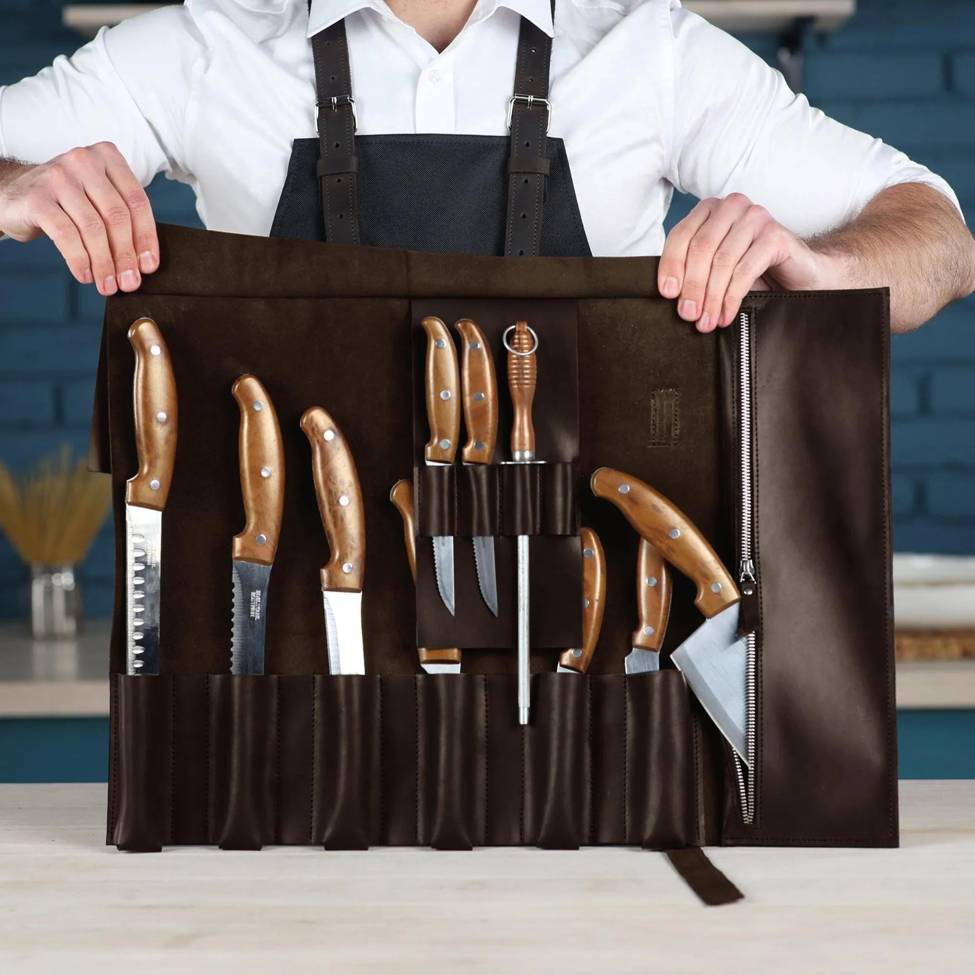 Premium Leather Knife Roll for Chefs & Butchers - Durable Professional Knife Storage Case with 12 Slots - Perfect for Kitchen, Camping & Culinary Gifts