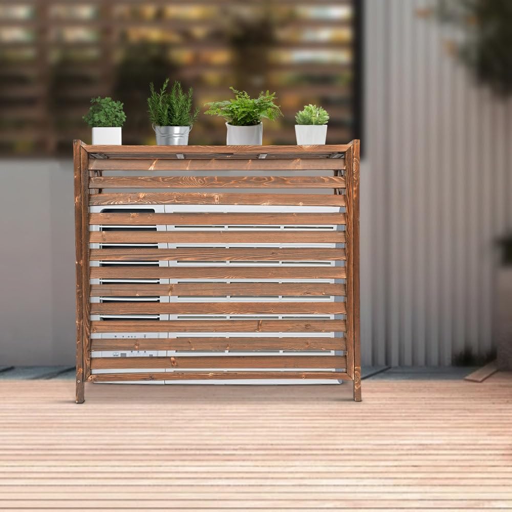 Solid Wood Outdoor AC Cover with Louvered Design - 45.3x21.2x37.4 Inch Air Conditioner Fence & Flower Shelf - Durable Protection for Outside Units - Perfect for Garden Decoration & AC Unit Storage