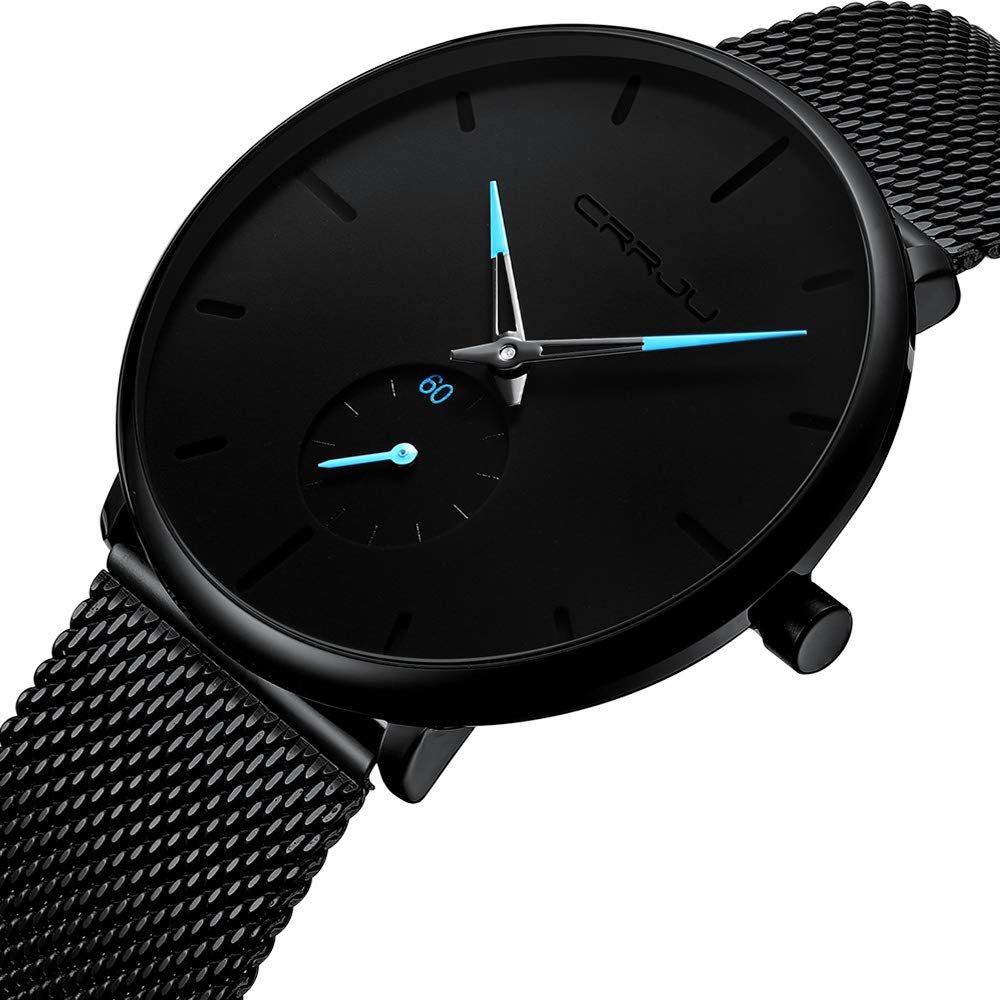 CRRJU Men's Business Slim Analog Quartz Watch - Date Display, Black Dial, Mesh Bracelet Strap | Professional Office Wear, Formal Occasions & Everyday Style