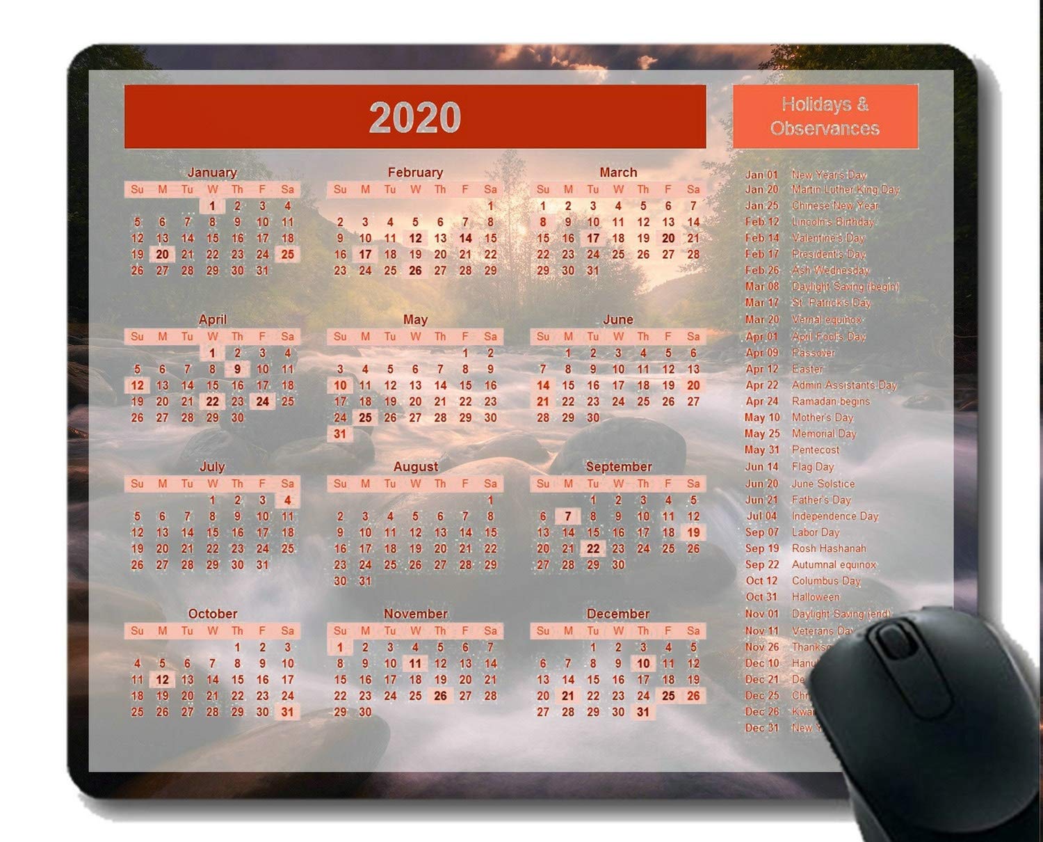 2020 Calendar with Important Holidays - Large Gaming Mouse Pad with Non-Slip Base - Natural River Design for PC & Laptop - Perfect for Office, Home & Gaming Setup