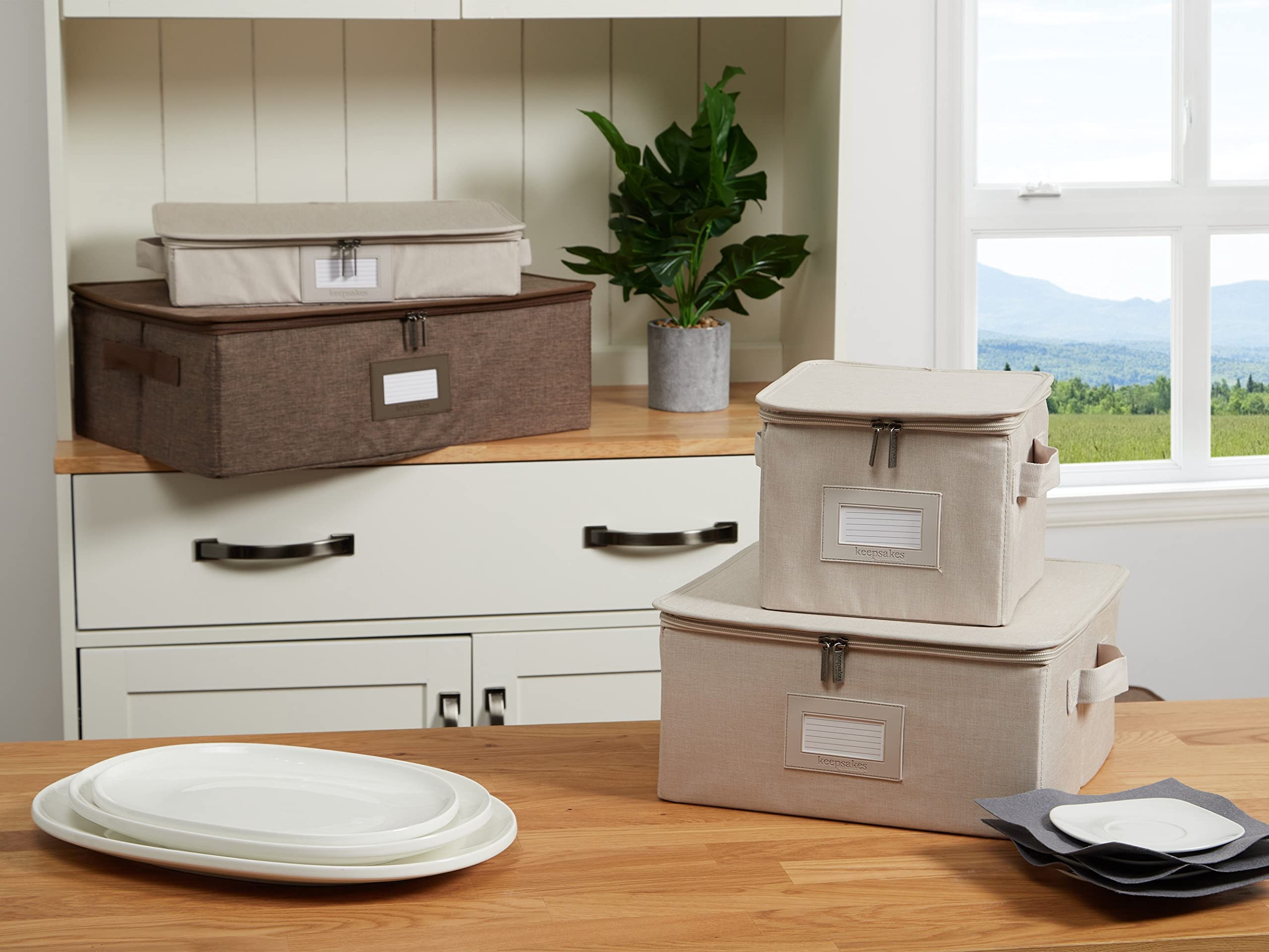 Covermates Keepsakes Dish Storage Box – Stackable Organizer with Reinforced Handles for China & Fine Dining Storage, Brown Heather – Perfect for Kitchen, Dining Room & Holiday Tableware Organization