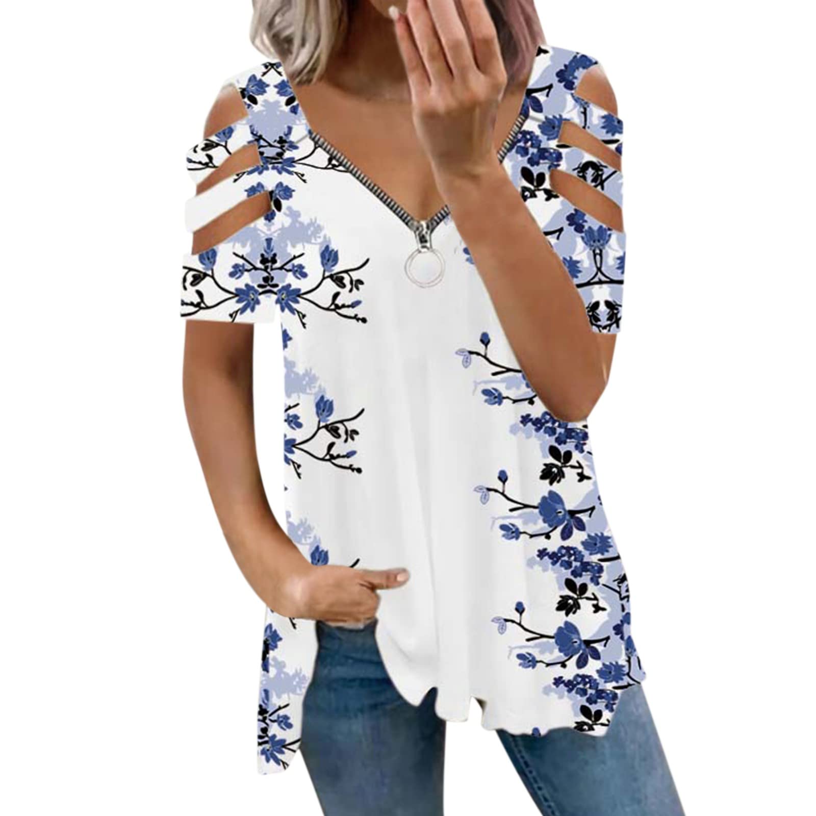 Women's Black V-Neck Short Sleeve Loose Fit T-Shirt with Zip Detail - Casual Summer Top for Everyday Wear, Layering & Street Style Outfits