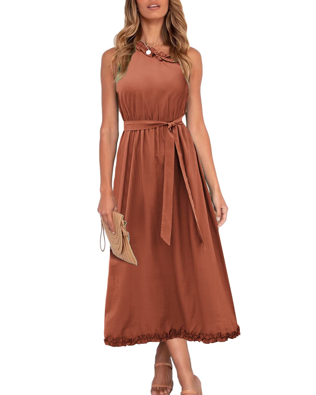 WICIWI Women's Sexy One Shoulder Sleeveless Solid Midi Dress - Summer Ruffle Elegant Cocktail Long Dress with Waist Belt - Perfect for Beach Parties, Date Nights & Formal Events