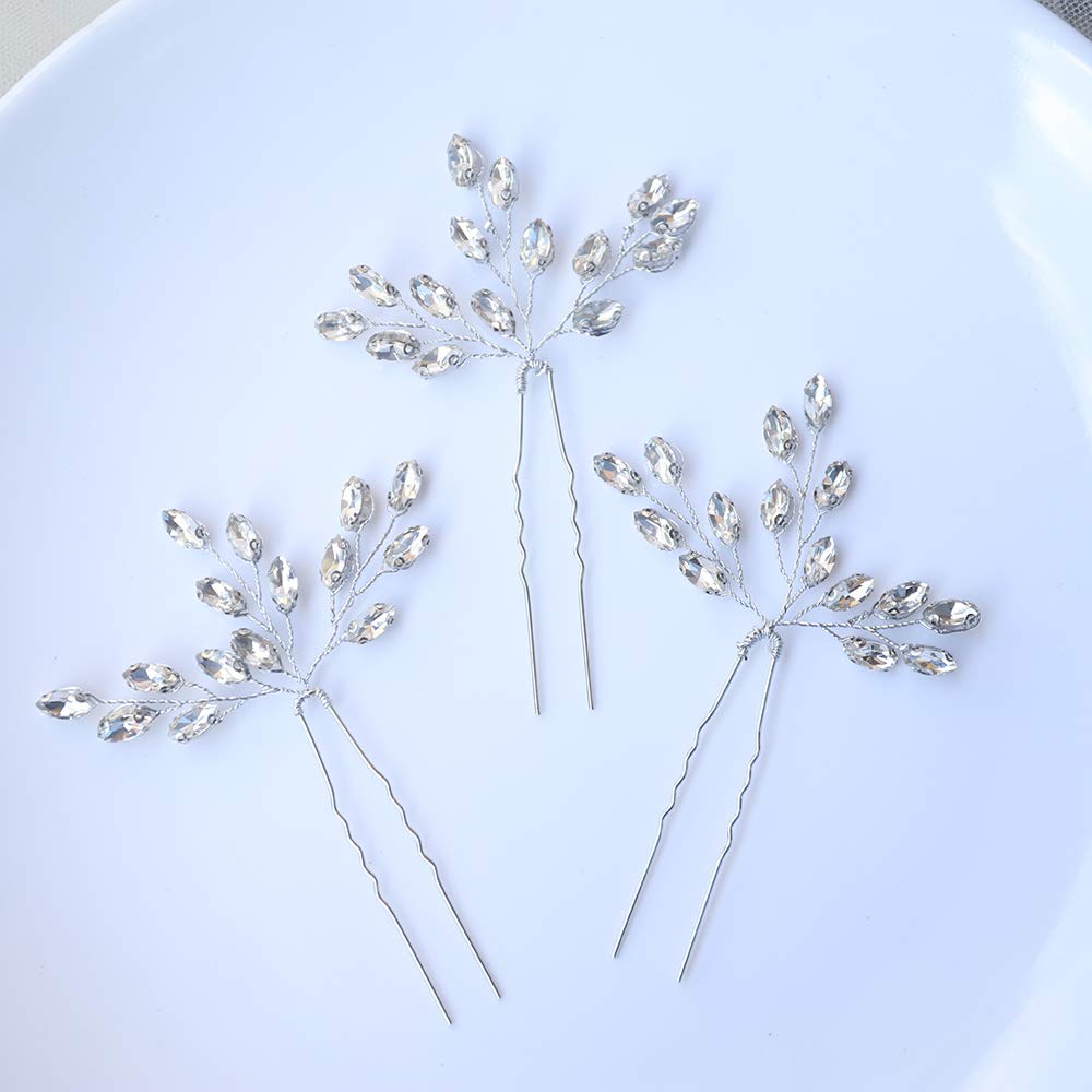 Handmade Crystal Bridal Hair Pins - Silver Rhinestone Leaves Bobby Pins for Women (Pack of 3) | Wedding, Prom & Special Occasion Hair Accessories
