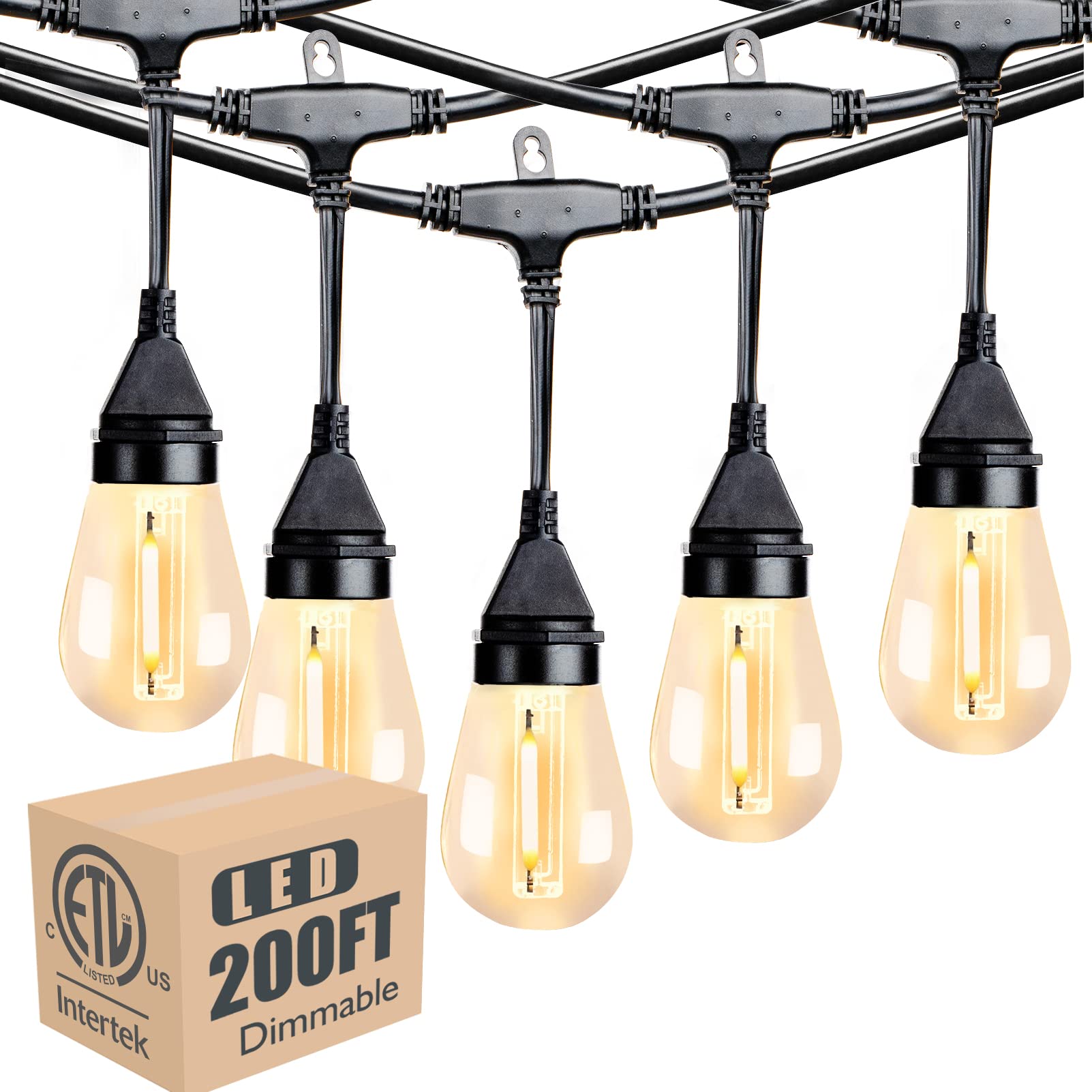 200 FT Outdoor LED String Lights (2x100FT) - Shatterproof Edison Vintage Bulbs, ETL Listed, Commercial Grade - Perfect for Patio, Cafe, Bistro, Backyard, Garden & Wedding Decor