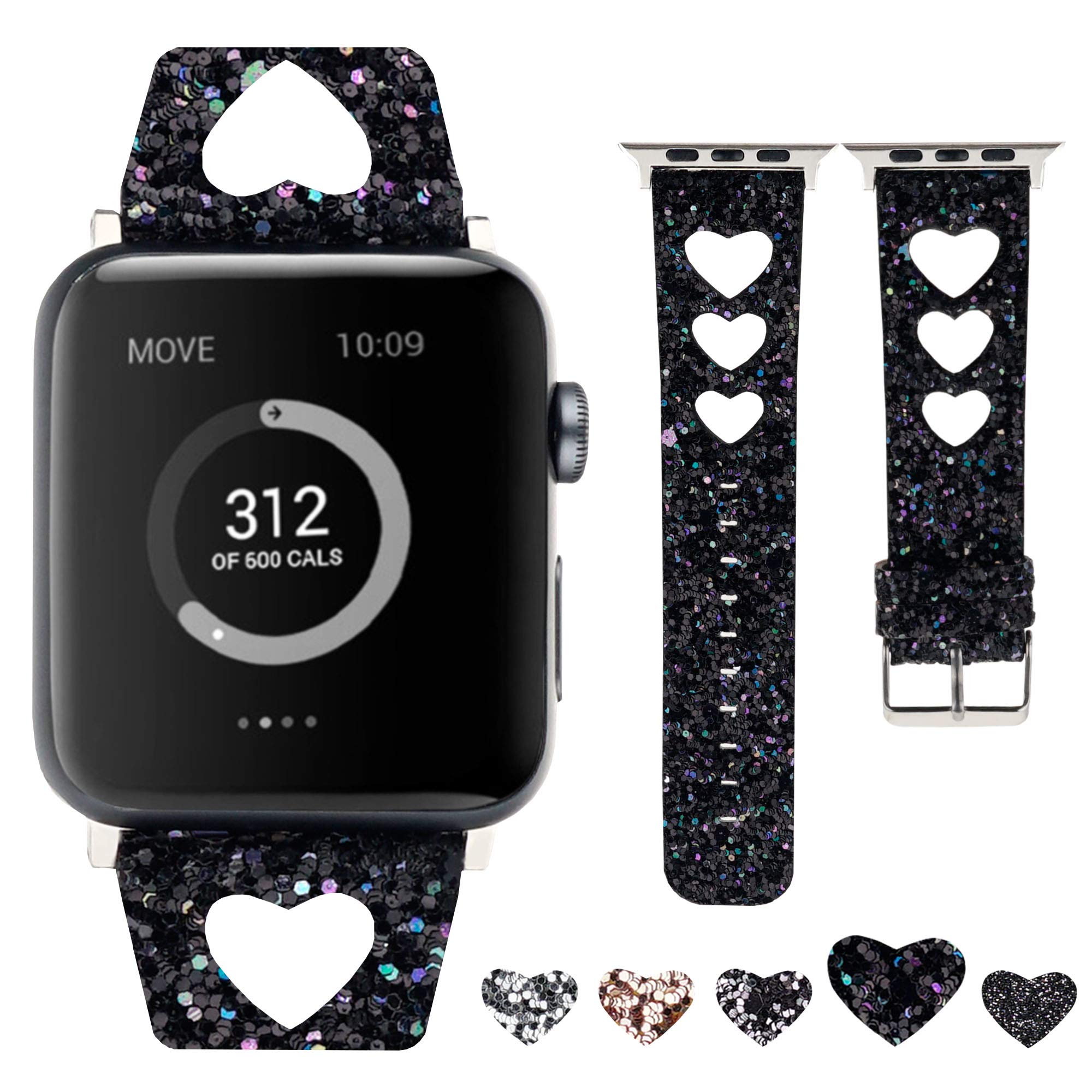Sparkly Glitter Apple Watch Band 38mm 40mm 42mm 44mm - Heart Shaped Hollow Wrist Strap Compatible with iWatch Series SE/6/5/4/3/2/1 - Fashion Accessory for Women, Perfect for Parties, Dates & Everyday Wear