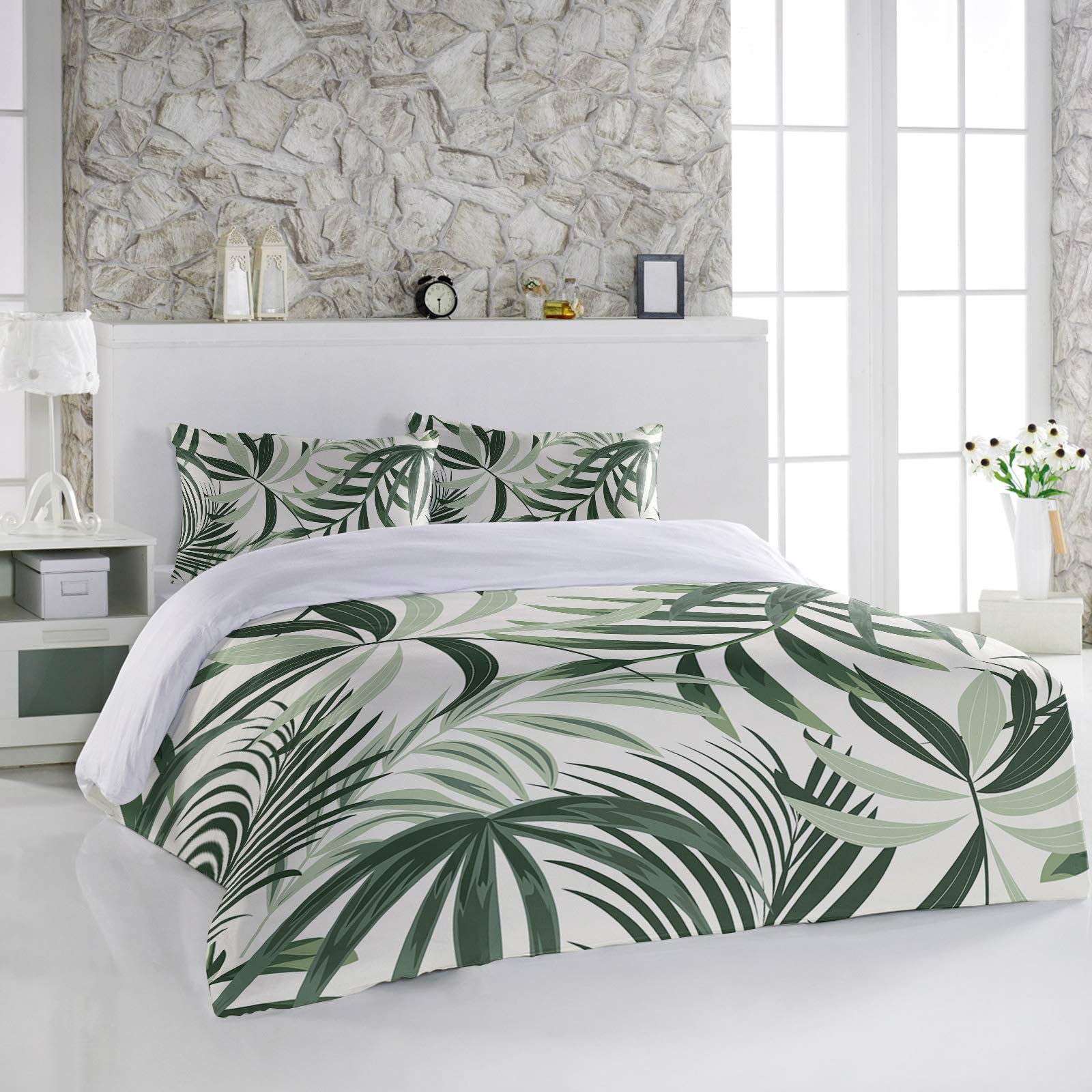 3-Piece Duvet Cover Set King Size - Tropical Green Leaf Print Luxury Soft Microfiber Bedding with Pillowcases, Rustic Beige Back - Perfect for Master Bedroom, Guest Room & Vacation Home Decor