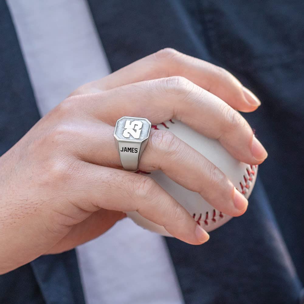Custom Engraved Lucky Number Rings for Men - 925 Sterling Silver & Brass Personalized Name/Year Signet Rings - Perfect Baseball, Basketball, Football, Hockey Jewelry Gifts for Sports Lovers - Ideal for Dad, Father, Brother Birthday & Anniversary Presents - Great for Game Days, Fan Events & Special Occasions