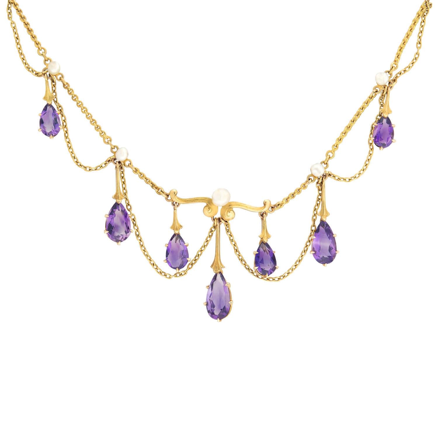 Victorian Style 14K Gold Amethyst and Pearl Festoon Necklace – Elegant Antique Jewelry for Weddings, Parties & Special Occasions