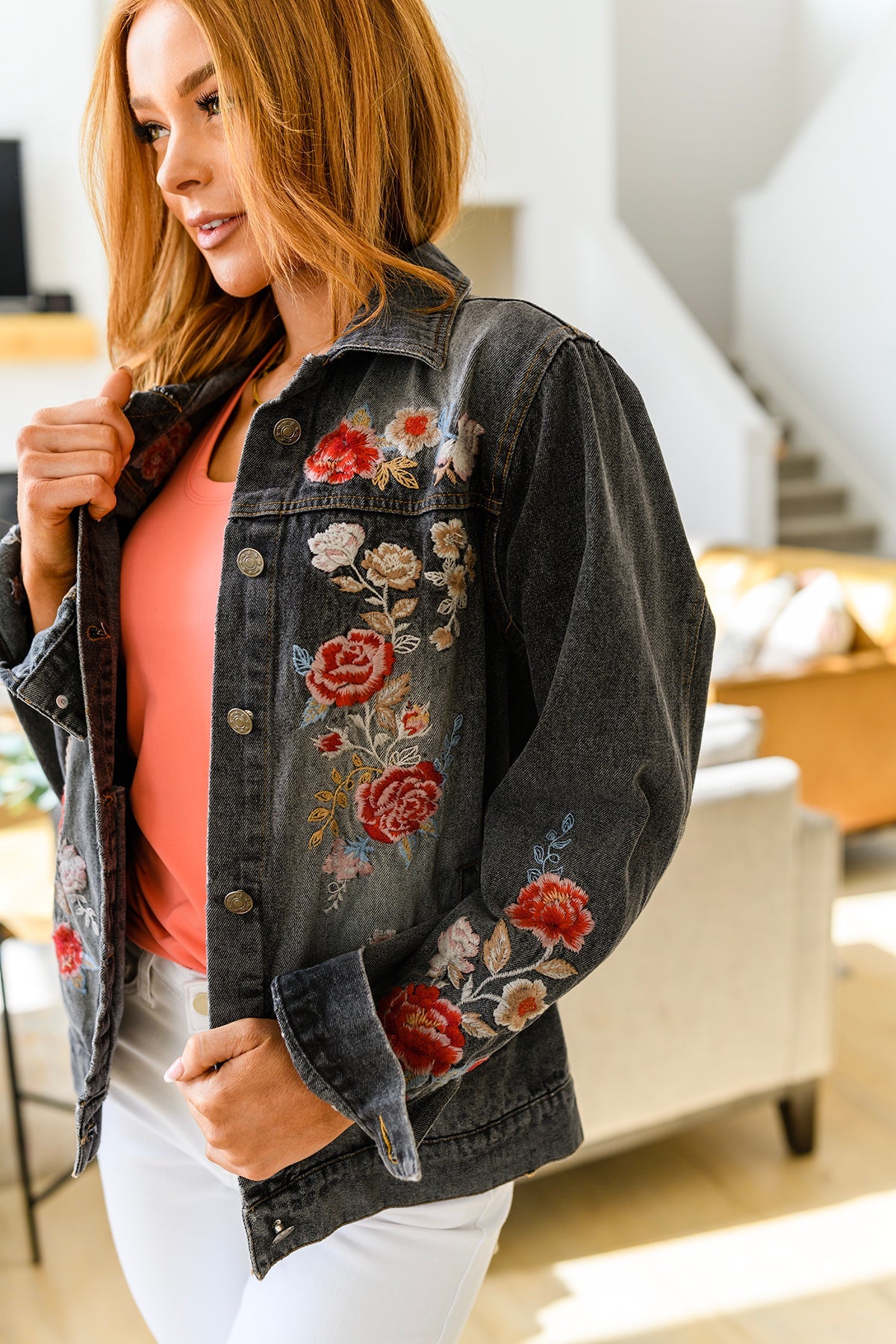 Stylish Floral Embroidered Denim Jacket for Women - Trendy Spring & Fall Outerwear for Casual Outings & Date Nights