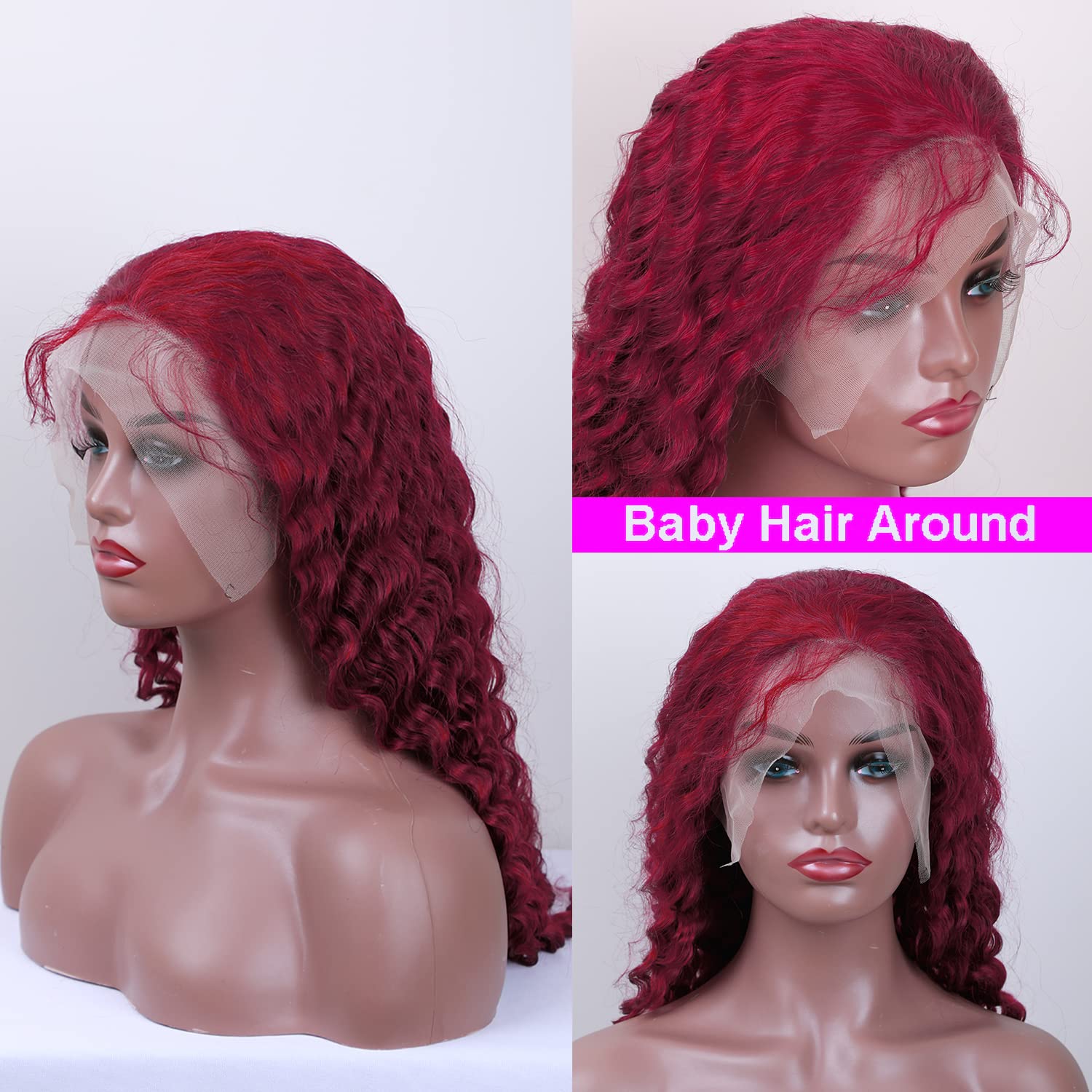 24 Inch Burgundy 99J Lace Front Wig Human Hair - 13x4 Deep Wave, 200% Density, Pre-Plucked, Glueless - Perfect for Cosplay, Parties, and Everyday Wear