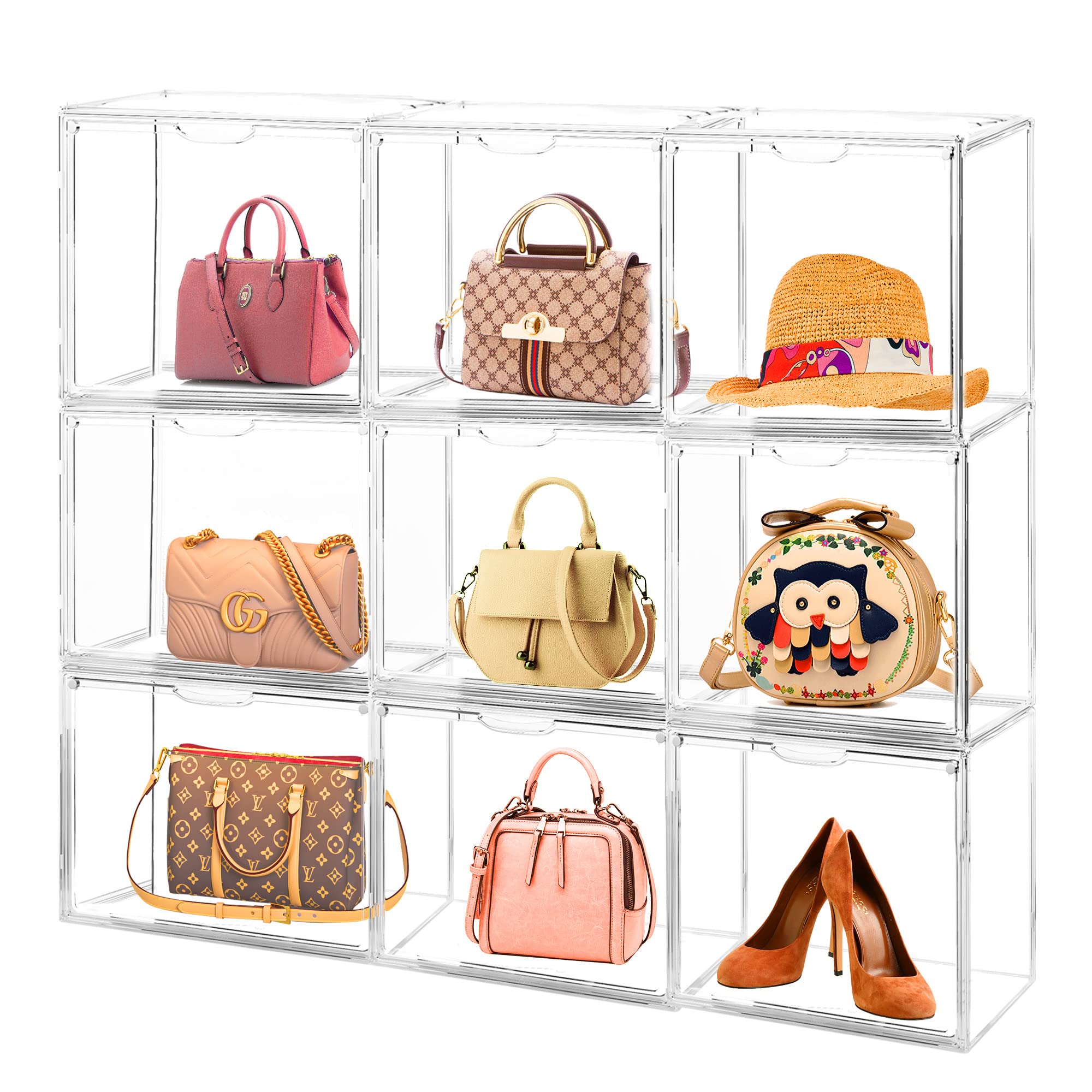 9-Pack Clear Acrylic Purse Organizer with Magnetic Door - Stackable Handbag Storage Box with Dustproof Lid for Closet, Books, Toys, Shoes & Cosmetics | Perfect for Displaying Collectibles & Organizing Small Items in Bedroom, Office or Retail Store