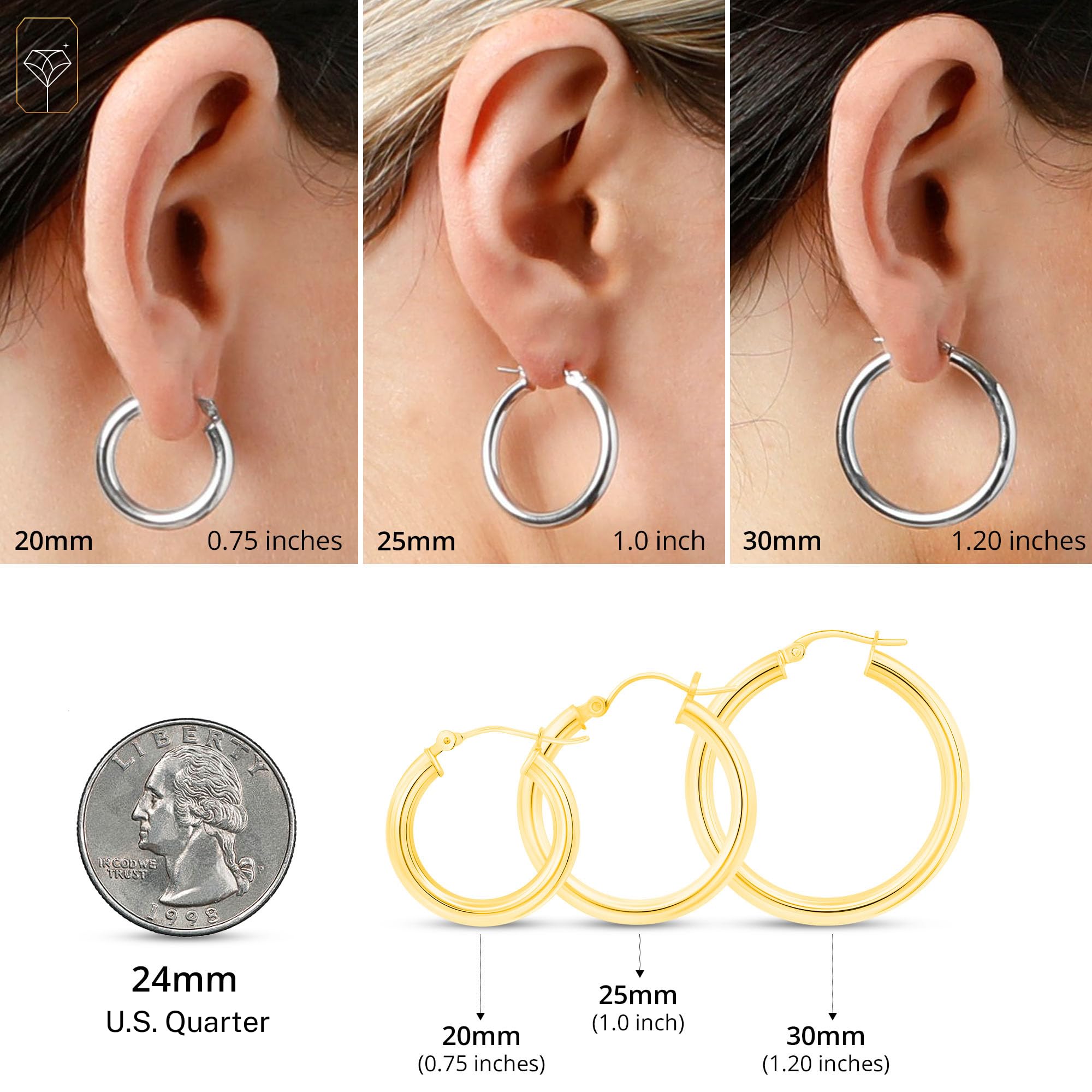 14K Solid Gold Hoop Earrings for Women - Yellow or White Gold Click Closure Hoops (0.75