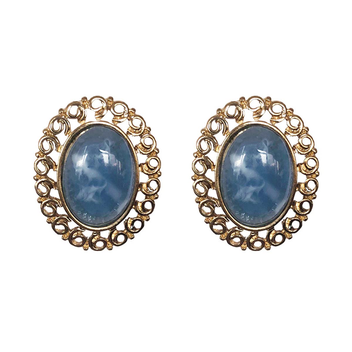 Vintage Blue Gemstone Oval Stud Earrings for Women - Gold Trim Lace Border Retro Navy Jewelry | Perfect for Parties, Weddings & Everyday Elegance