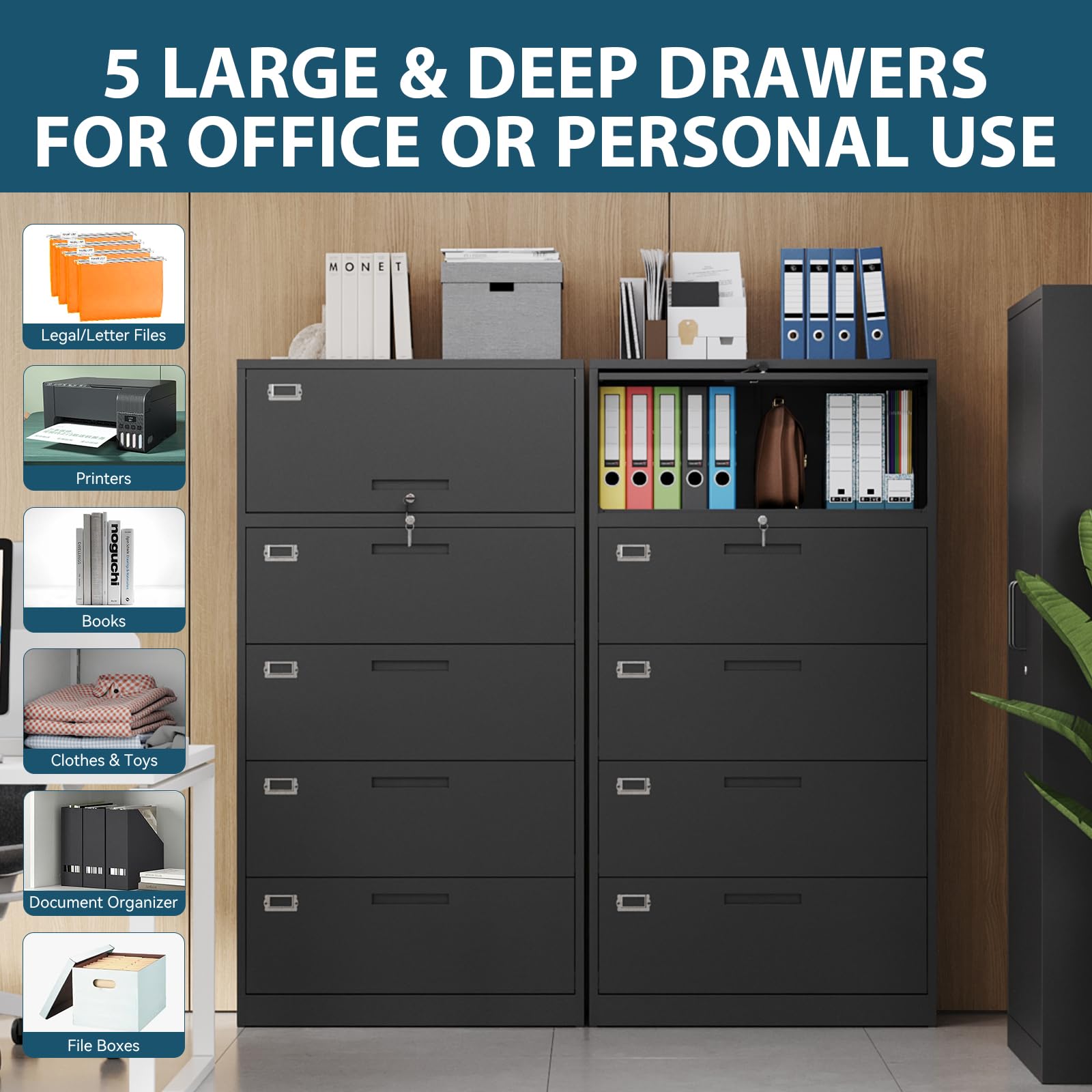 MIIIKO 4-Drawer Metal Lateral File Cabinet with Lock & Top Shelf - Secure Home Office Storage Organizer for Documents, Folders & Supplies | Perfect for Office, Study Room or Workspace Organization
