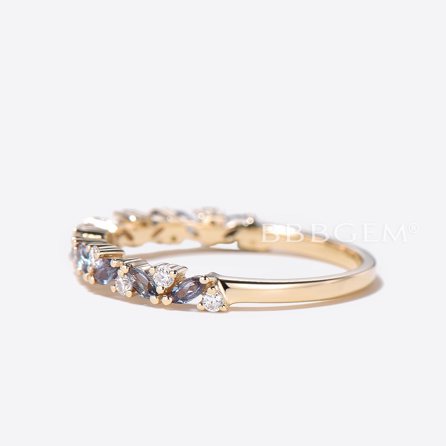 Vintage Marquise Alexandrite Wedding Ring - Half Eternity Round Diamond Band for Women - Perfect for Engagement, Anniversary & Romantic Occasions