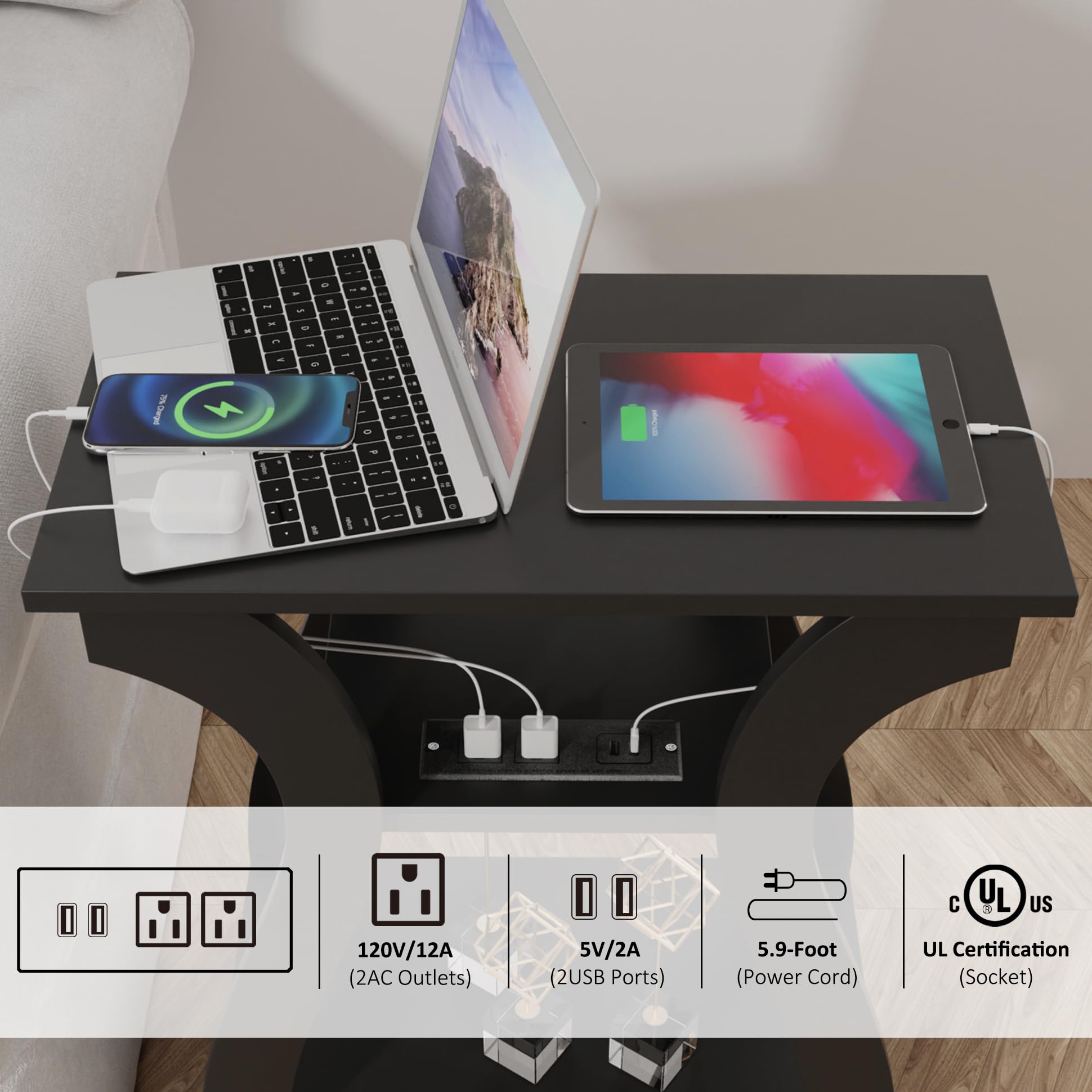 2-Piece End Table Set with Charging Station - USB Ports & Outlets, 3-Tier Nightstand with Storage Shelf for Living Room & Bedroom (Black) - Perfect for Small Spaces, Apartments, and Modern Home Decor