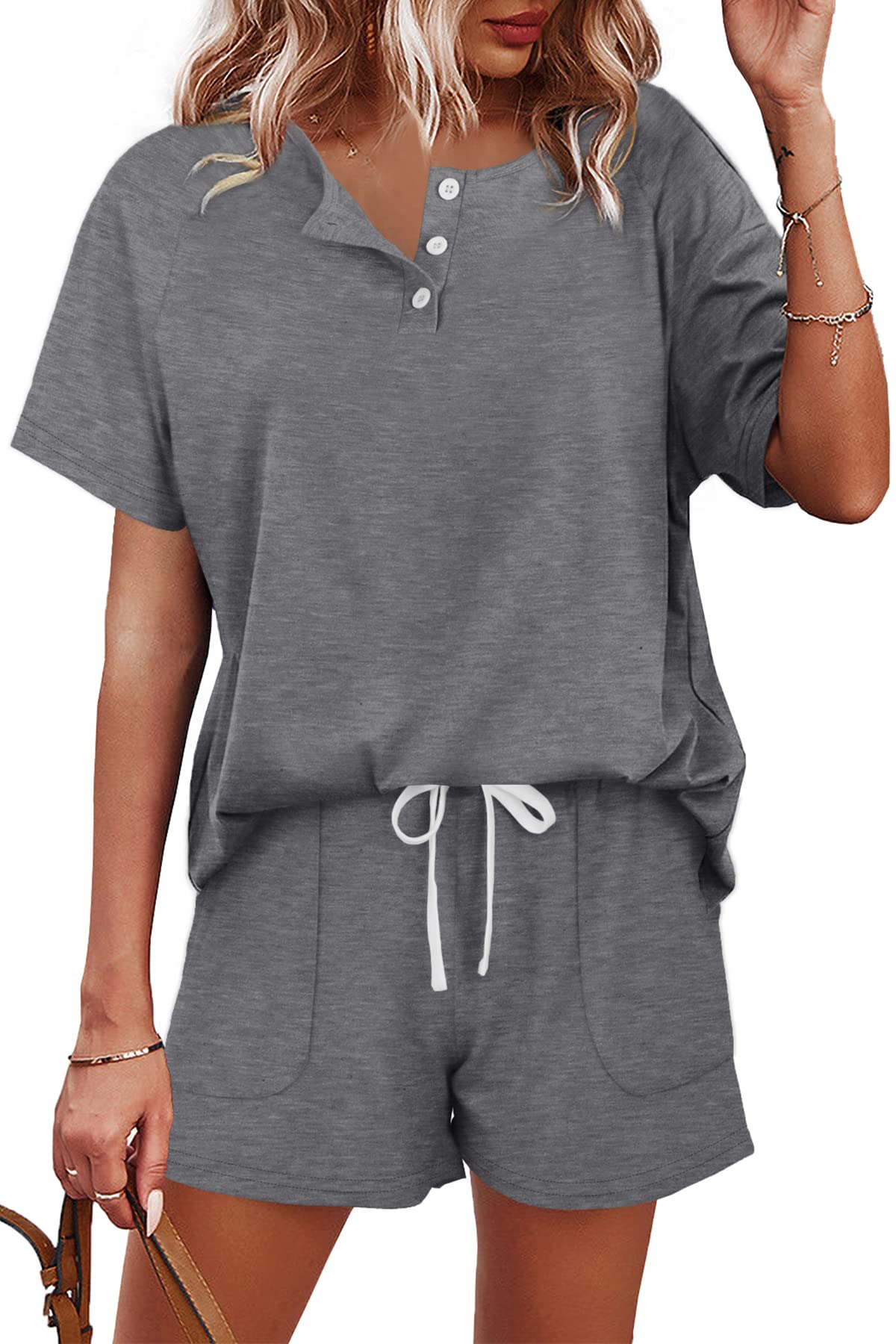 WIHOLL Women's 2-Piece Lounge Set - Button Down Top & Shorts with Pockets | Comfortable Sweatsuit for Home, Travel & Casual Outings