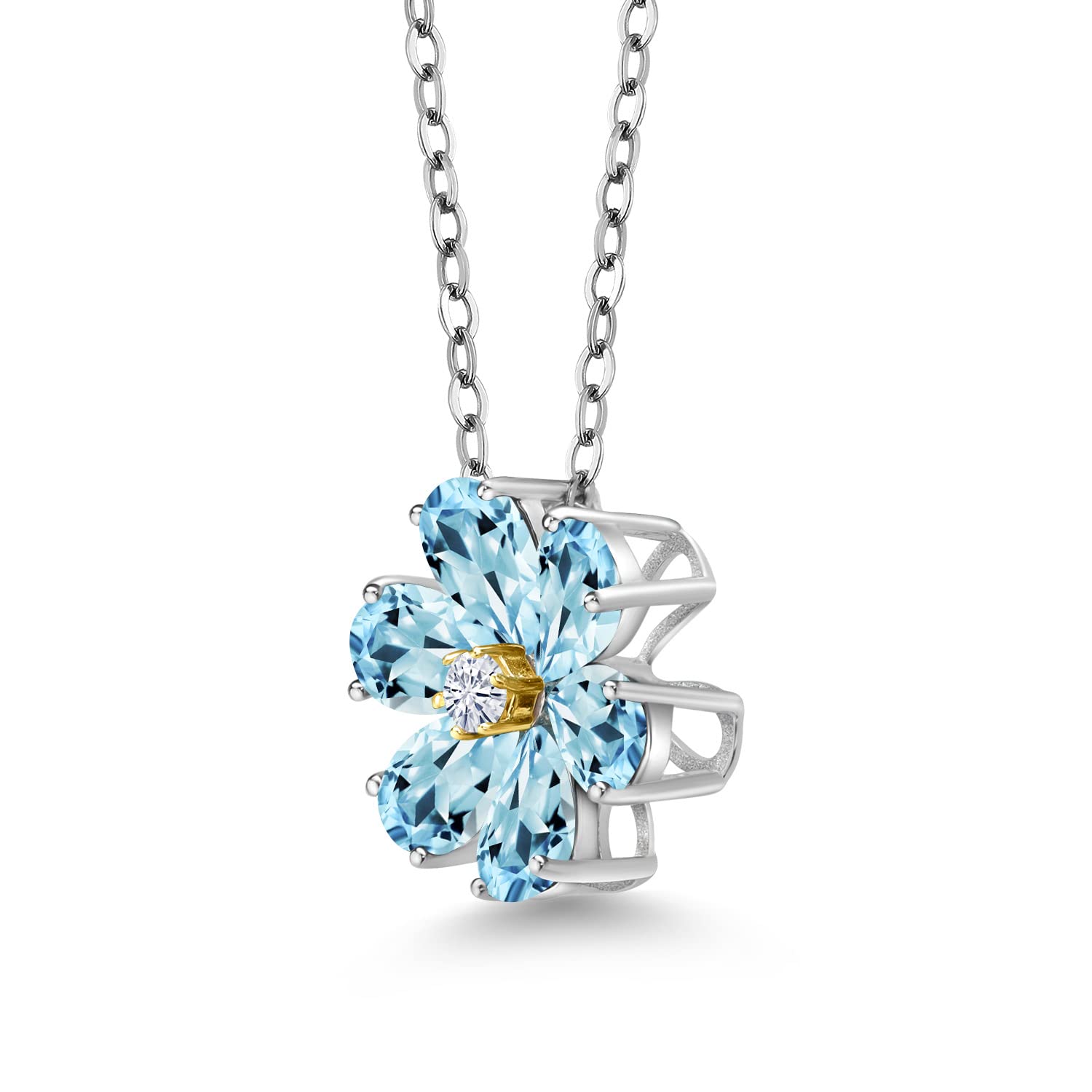 925 Sterling Silver & 10K Yellow Gold Pear Shape Floral Pendant Necklace with Sky Blue Topaz & Moissanite (3.07 CTTW) - Elegant Jewelry Gift for Women, Perfect for Weddings, Anniversaries & Special Occasions