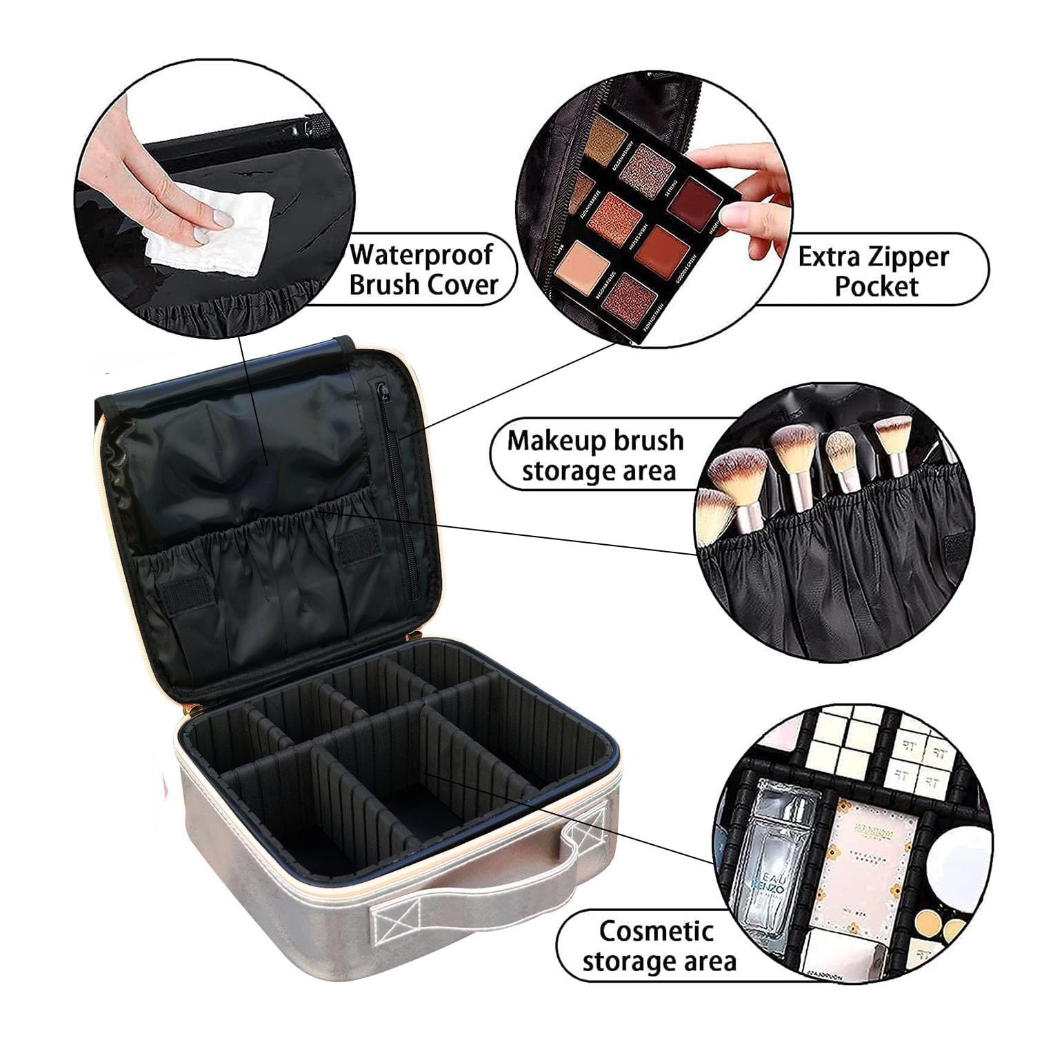 House of Quirk Adjustable Makeup Organizer Case - Shimmer Silver Cosmetic Storage Box with Customizable Compartments | Perfect for Vanity, Travel & Beauty Counter Organization