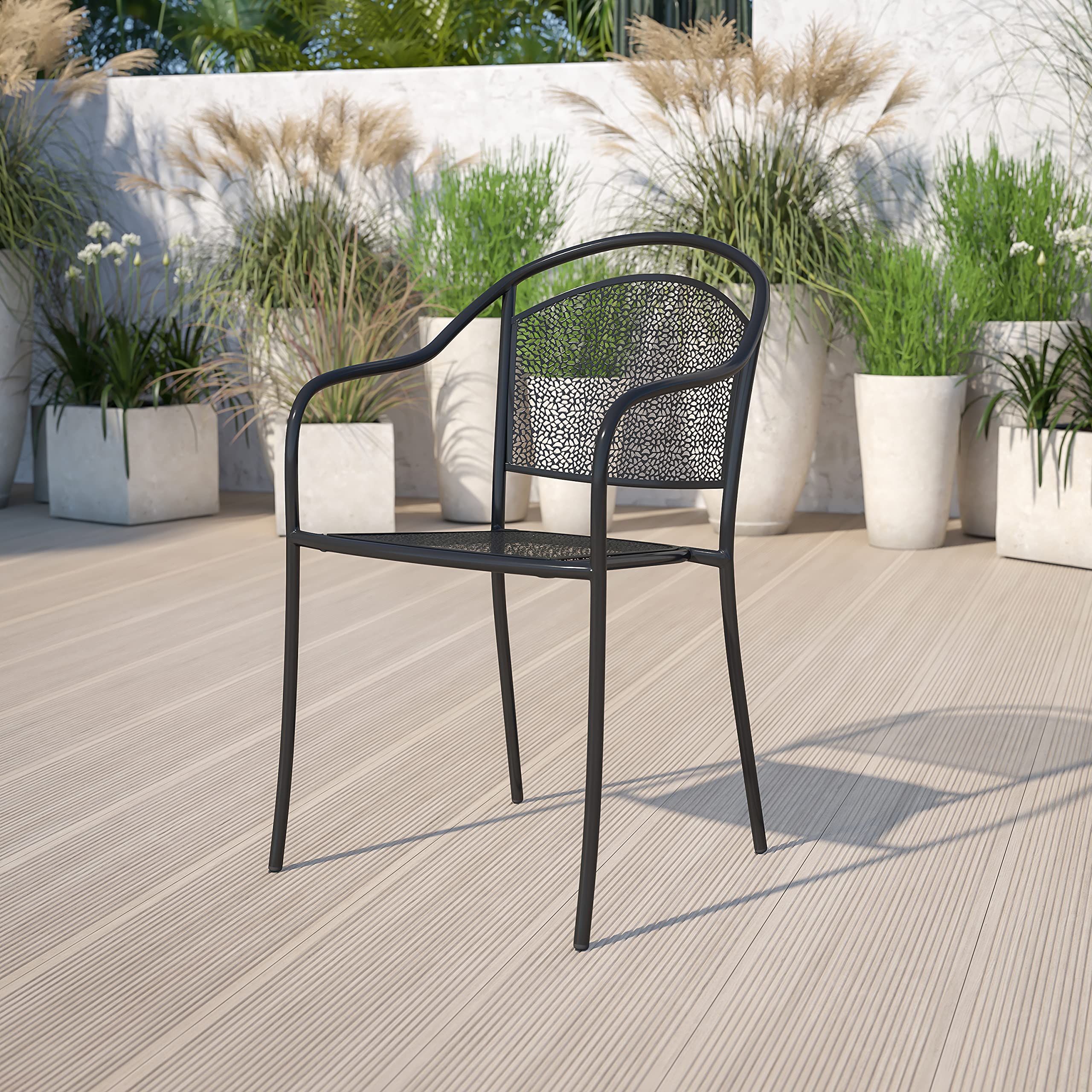 5 Pack Black Steel Indoor-Outdoor Patio Arm Chairs with Round Back - Durable Cafe Bistro Chairs for Restaurant, Garden, Balcony & Home Decor