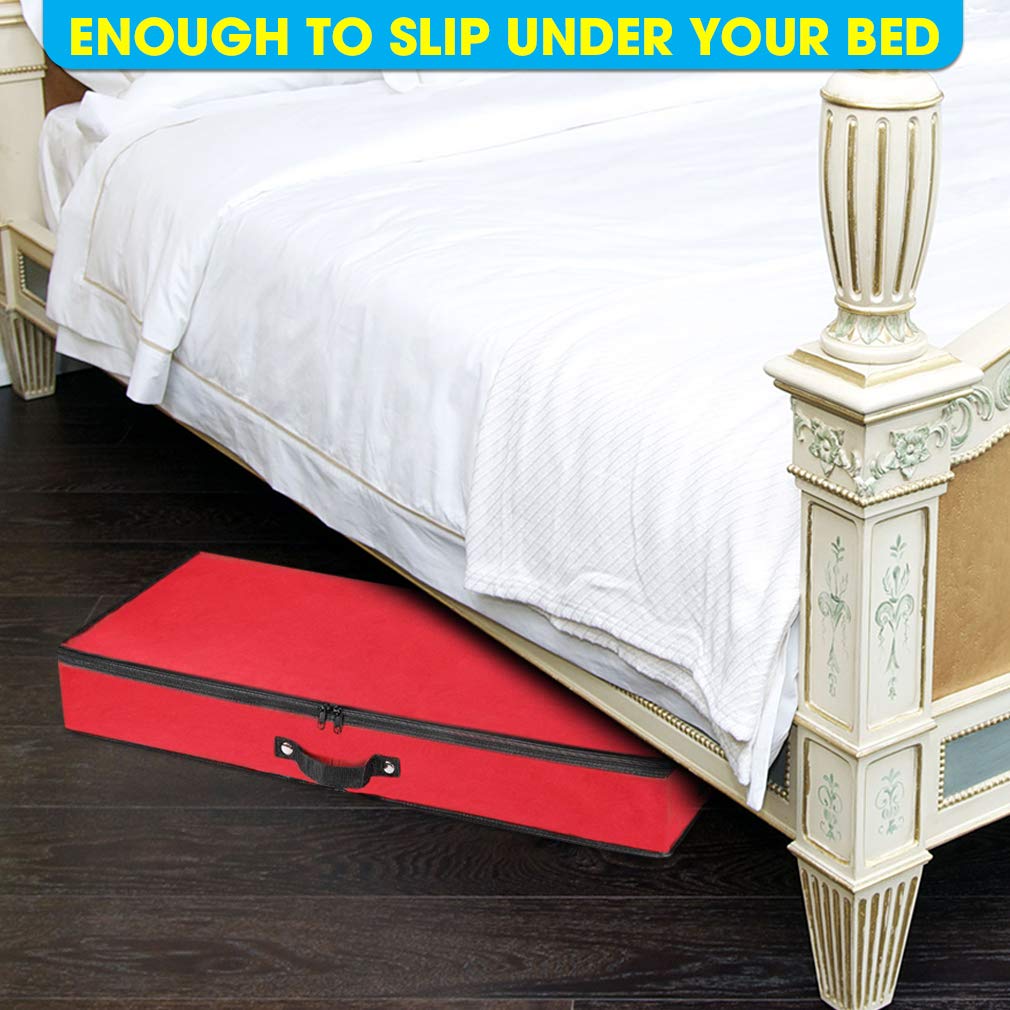 Primode Wrapping Paper Storage Container - Under Bed Gift Wrap Organizer for 30 Inch Rolls | 31”x13.5”x4.5” | 600D Oxford Fabric Storage Box with Pockets for Ribbon, Bows & Accessories (Red) | Perfect for Holiday Gift Wrapping, Birthday Parties & Craft Organization