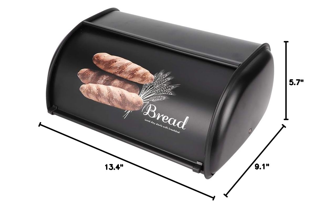 Stainless Steel Bread Box - Large Capacity Bread Storage Container for Kitchen Countertop | Airtight Bread Holder Bin Organizer | Perfect for Fresh Bread, Baguettes, Pastries & Baked Goods (Black)