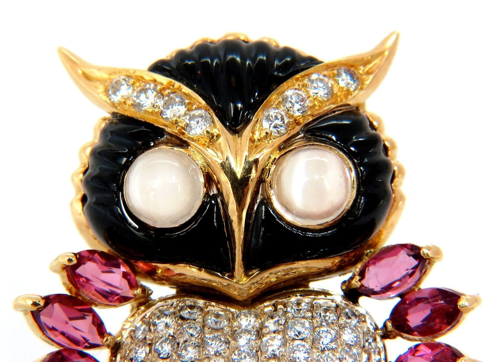 3.90CT Natural Tourmaline Diamonds Moonstone Black Onyx 3D Owl Brooch Pin 18KT Gold - Elegant Jewelry Gift for Women, Perfect for Weddings, Parties & Special Occasions