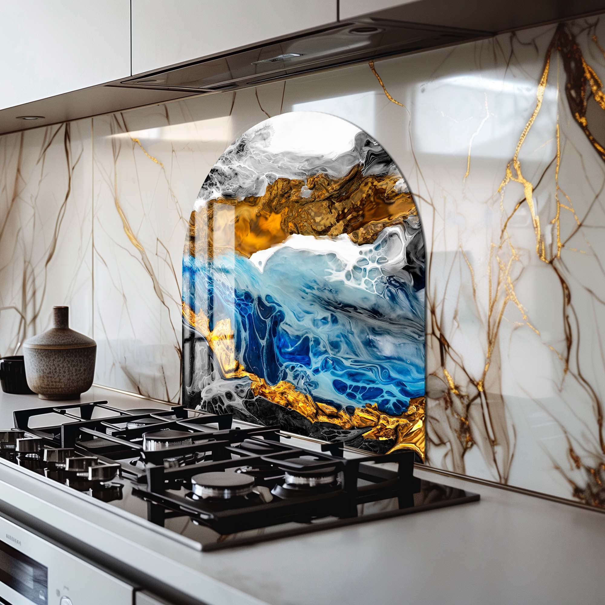 Premium Gold & Blue Marble Glass Splashback - Stylish Kitchen Backsplash for Modern Homes | Perfect for Countertops, Stoves & Cooking Areas