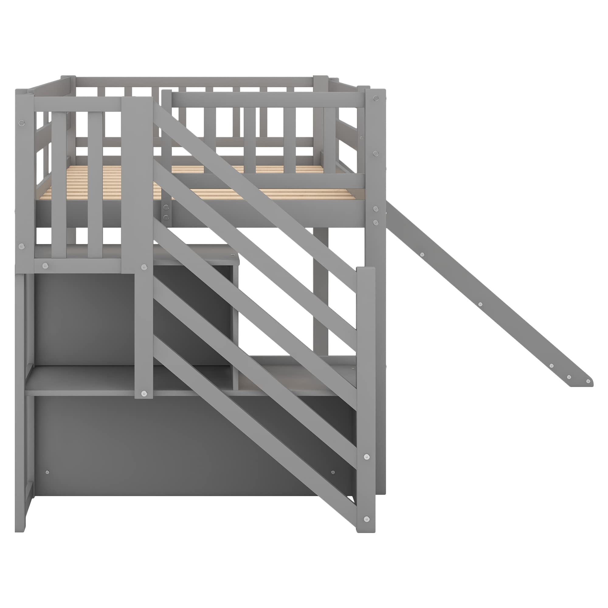 Convertible Twin Size Solid Wood Loft Bed with Fun Slide & Storage Staircase - Kids & Teens Low Bunk Bed with Safety Guardrail & Reinforced Wood Slats (Grey) - Perfect for Small Bedrooms, Playrooms & Dorm Rooms