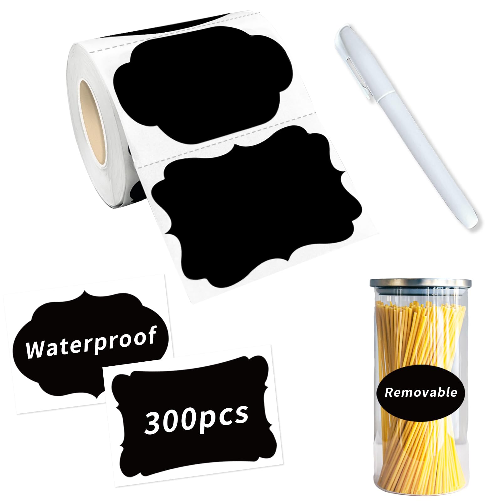 Starboling 300 Pcs Chalkboard Labels 2.4x1.6 Inch - Reusable Waterproof Blackboard Stickers with White Chalk Marker - Perfect for Jars, Bottles, Storage Bins & Kitchen Organization - Great for Pantry, Office & Classroom Labeling