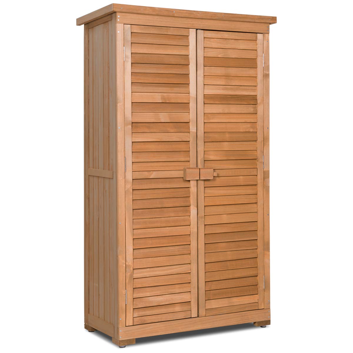 Goplus Outdoor Storage Cabinet - Weatherproof Wooden Shed with Lockable Latch, Adjustable Shelves & Durable Pitch Roof - Perfect Vertical Garden Tool Organizer for Backyard, Patio, Deck & Garage Storage (Ideal for Storing Lawn Equipment, Gardening Tools & Outdoor Accessories)
