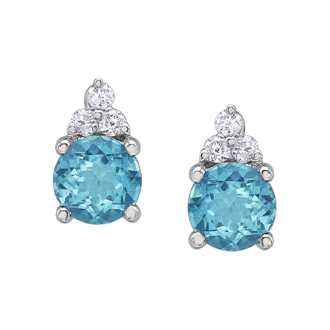 10K White Gold 4mm Blue Topaz & Diamond Stud Earrings (0.048ctw) - Elegant Jewelry for Women, Perfect for Weddings, Parties & Everyday Wear