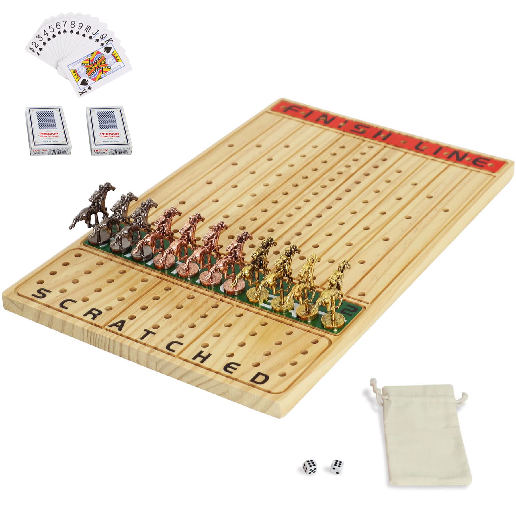 Premium Solid Wood Horse Racing Board Game - 11 Luxurious Metal Horses, 2 Dice & 2 Card Decks - Classic Family Strategy Game for Adults & Kids (Log Color, Rectangle) - Perfect for Game Nights, Parties & Family Bonding