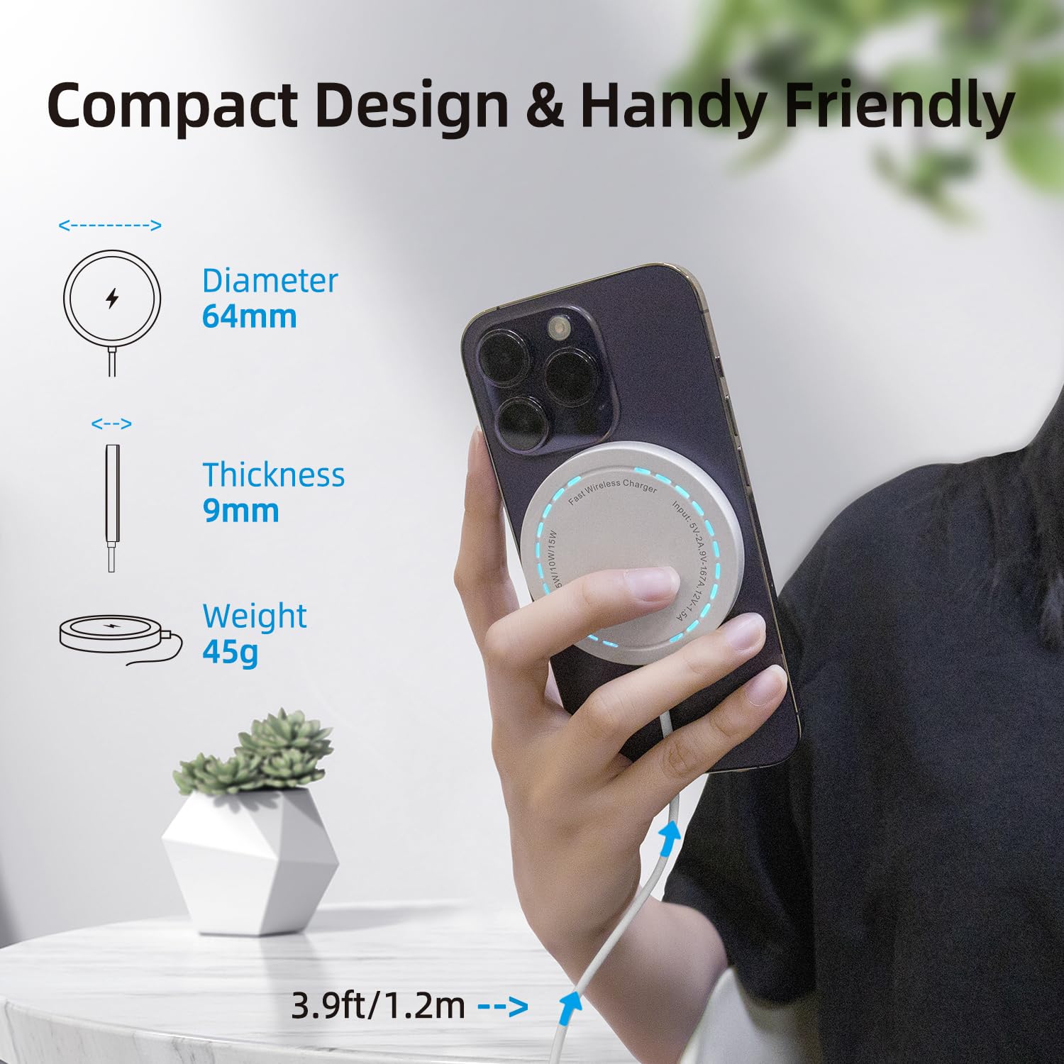15W Max Fast Magnetic Wireless Charger Pad for iPhone 15/14/13/12 - White with USB-A Converter | Qi-Certified Charging Station for Home, Office & Car