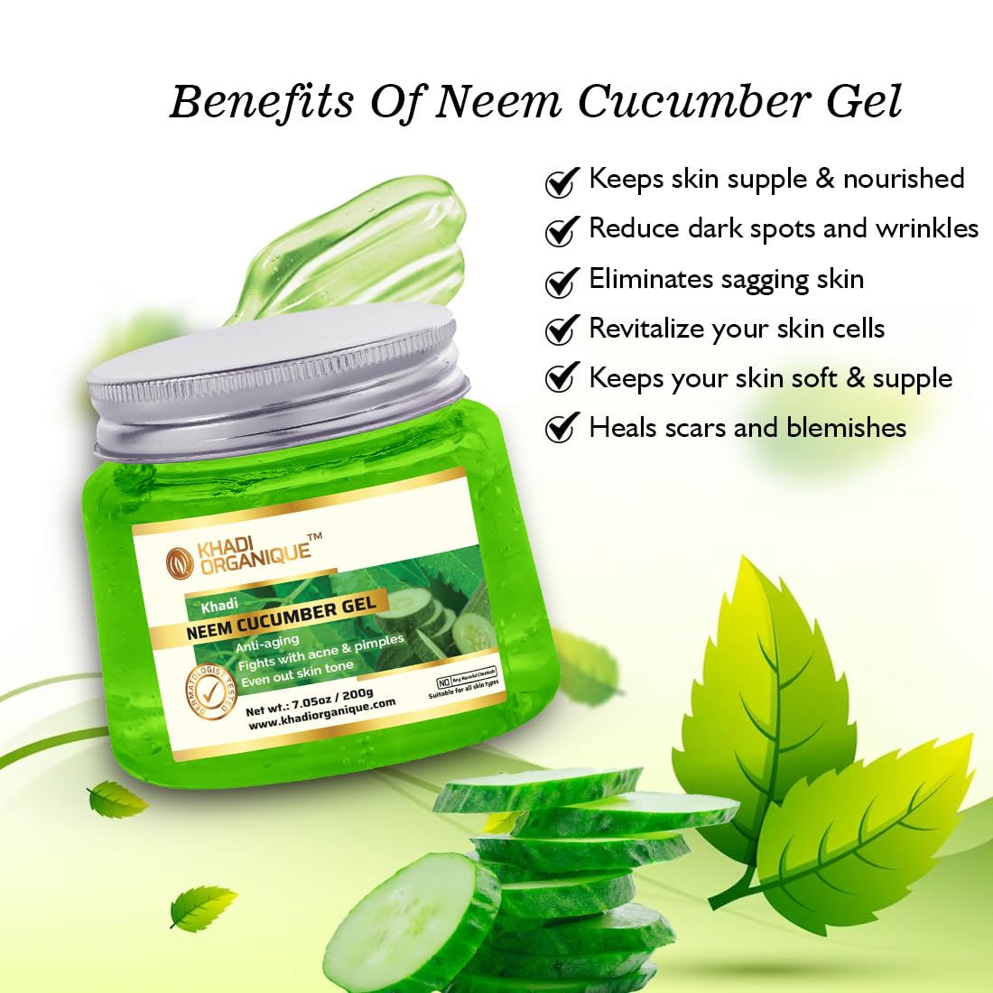 Khadi Organique Aloe Vera Gel with Neem & Cucumber | Organic Face, Body & Hair Moisturizer for Dry Skin | Deep Hydrating & Soothing Gel for Women & Men - 200gm | Perfect for Sunburn Relief, After-Shave Care & Daily Skincare Routine